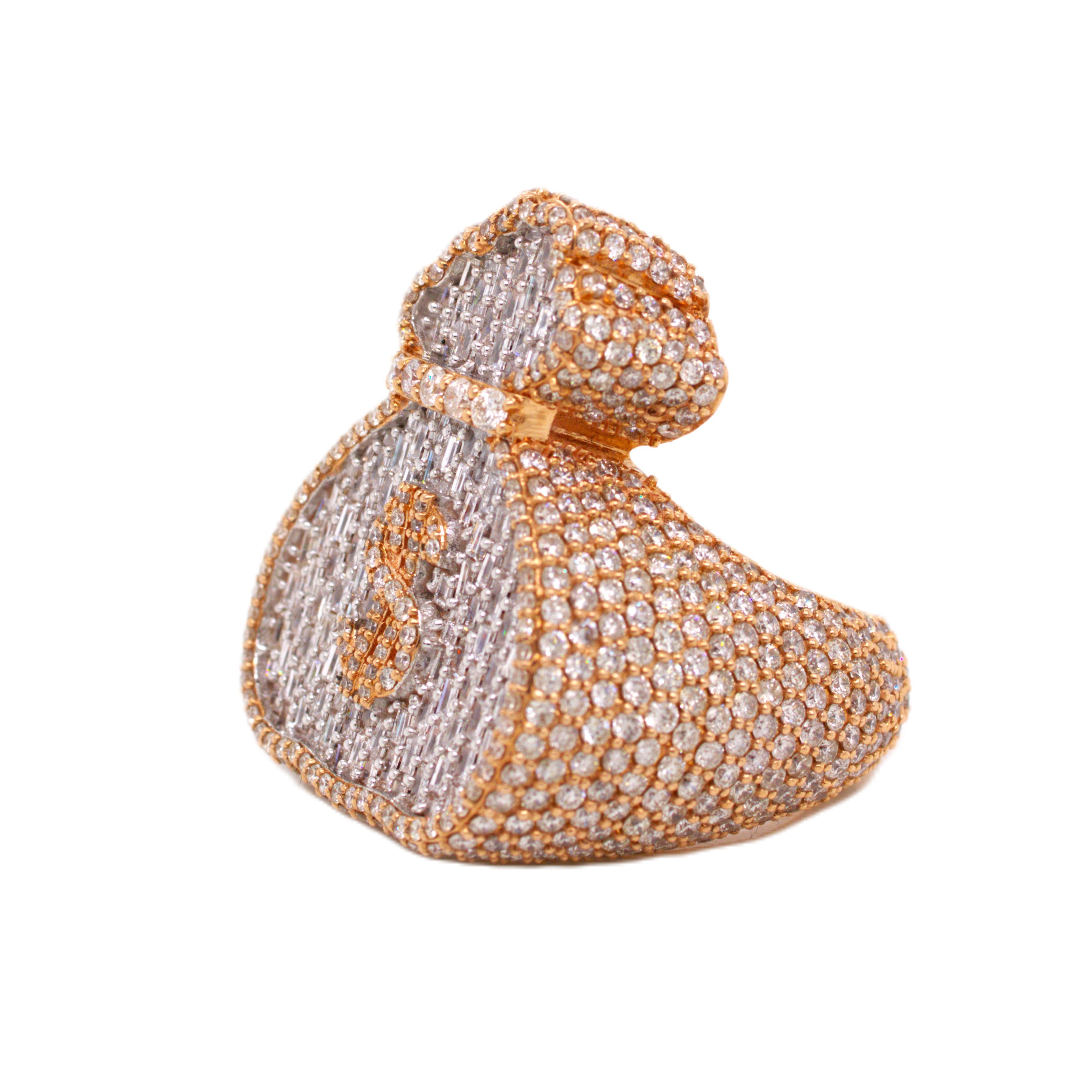 10K Rose White Gold 32MM 3D Money Bag Ring 8.53CT