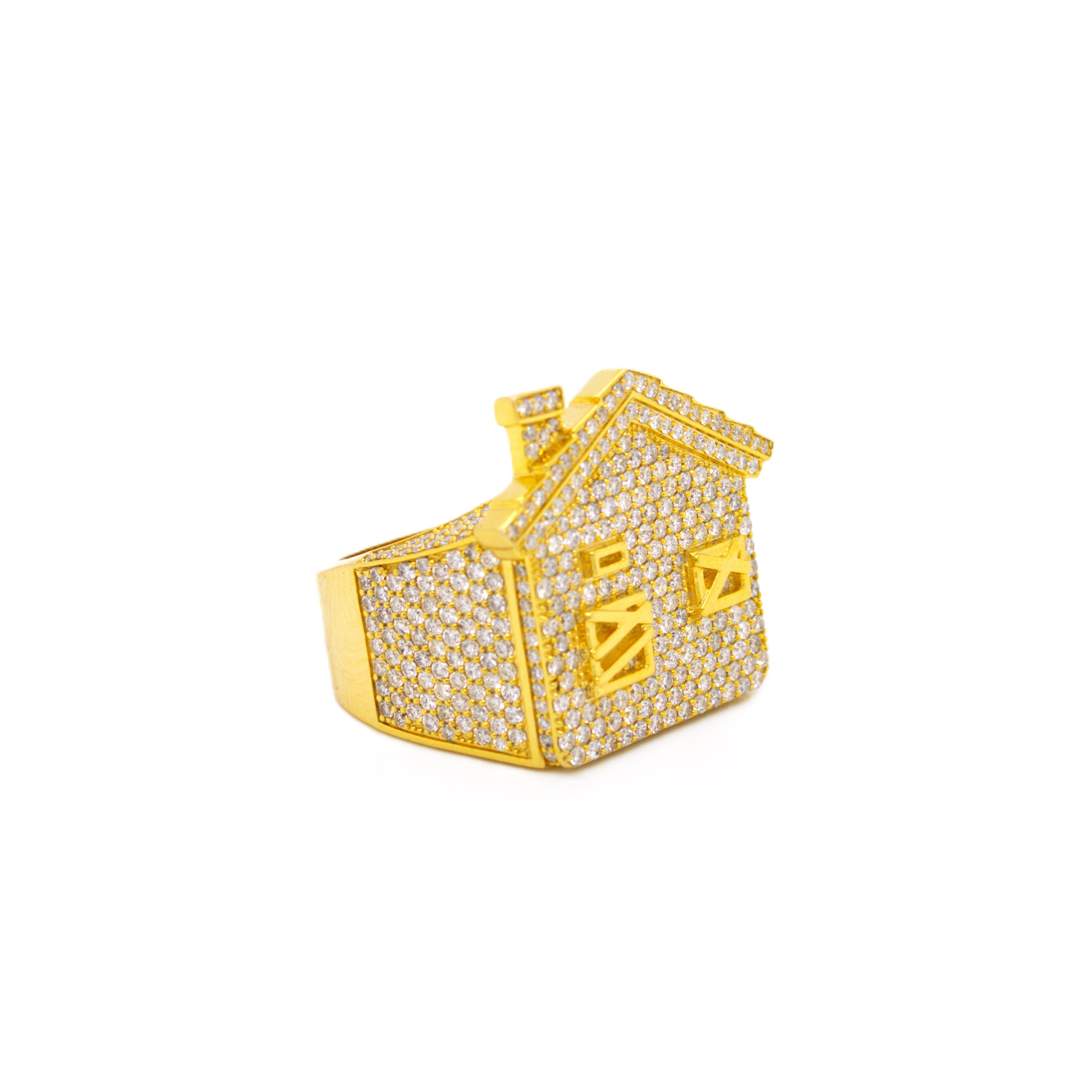 10K Yellow Gold 32.4MM 3D Trap House Ring 3.67CT