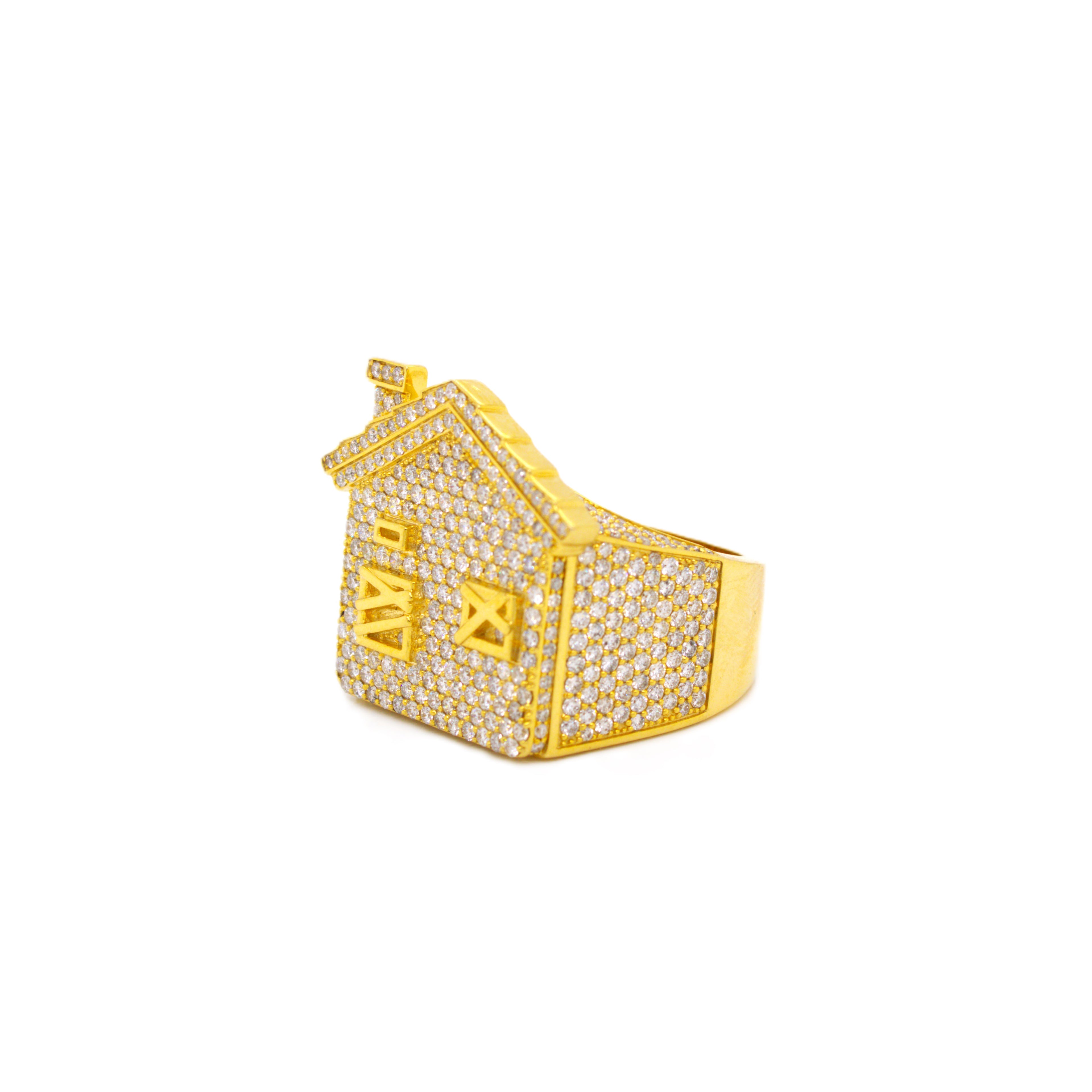 10K Yellow Gold 32.4MM 3D Trap House Ring 3.67CT