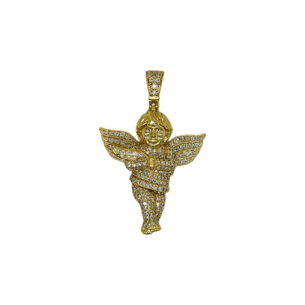10K Yellow Gold Angel Cherub Diamond Pendant 1.67 CT 1.74"