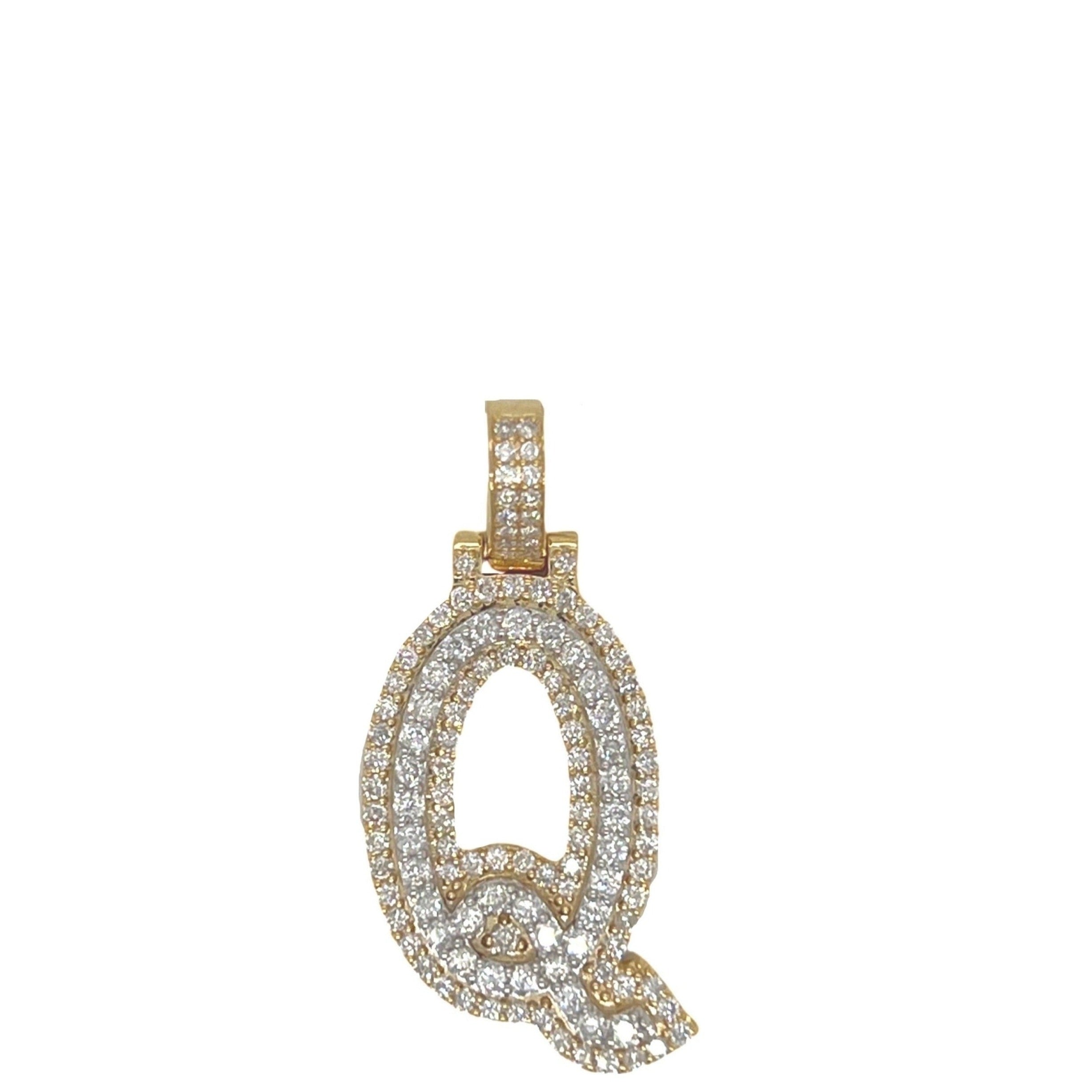 10K Yellow White Gold 3D Letter Q Initial Diamond Pendant 1.44 CT 1.5"