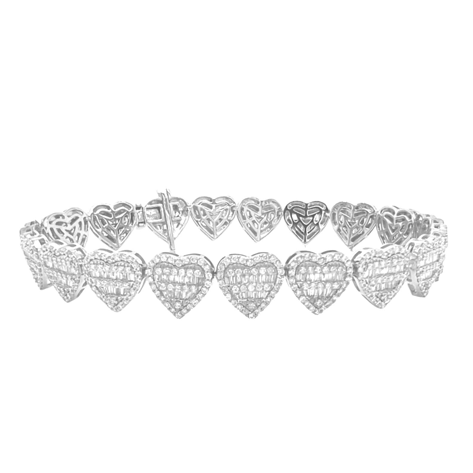 10K White Gold 11.5MM Heart Link Baguette Diamond Bracelet 7.15 CT 8.5"