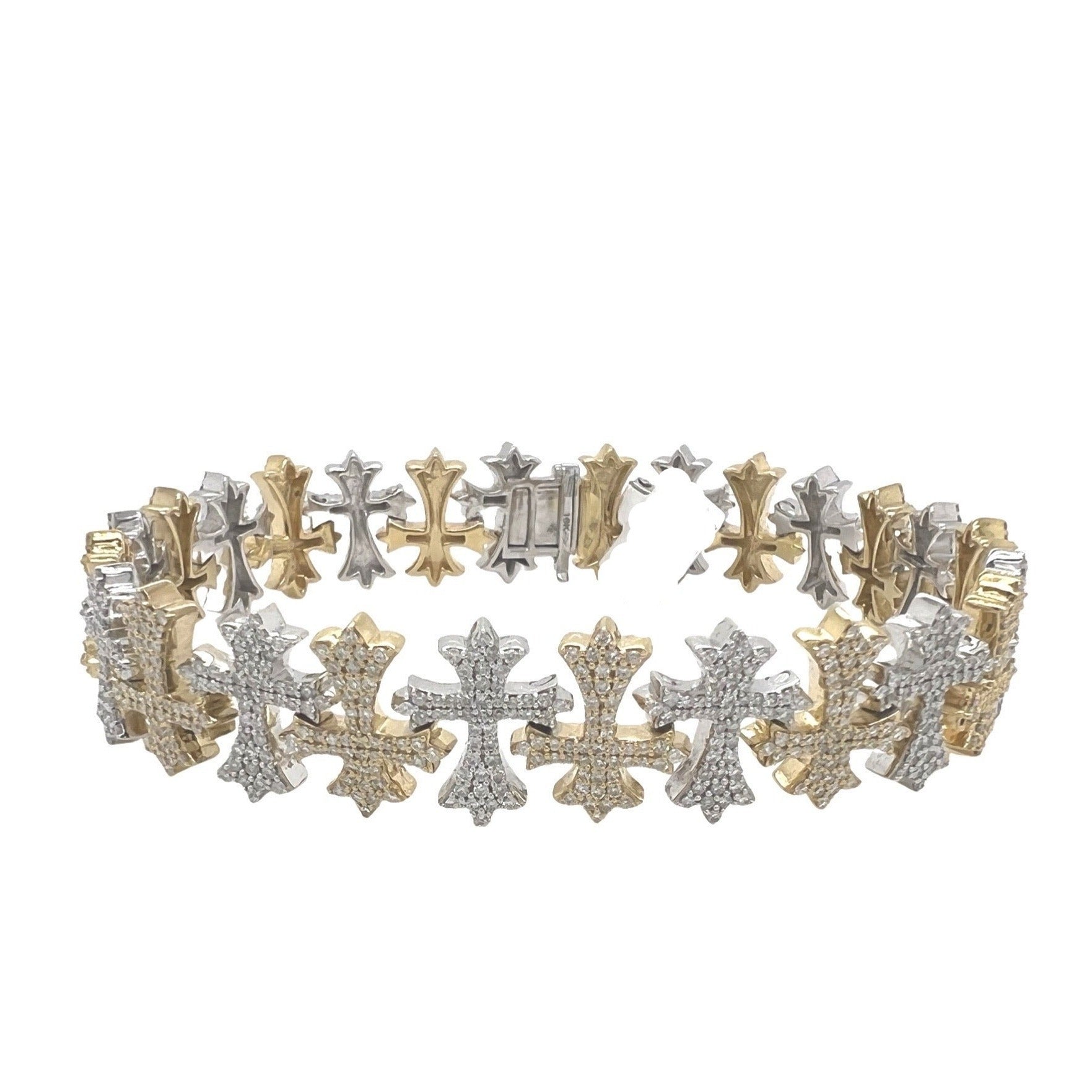 10K Two-Tone Gold 15MM Designer Chrom Heart Cross Diamond Bracelet 5.83 CT 8.25"