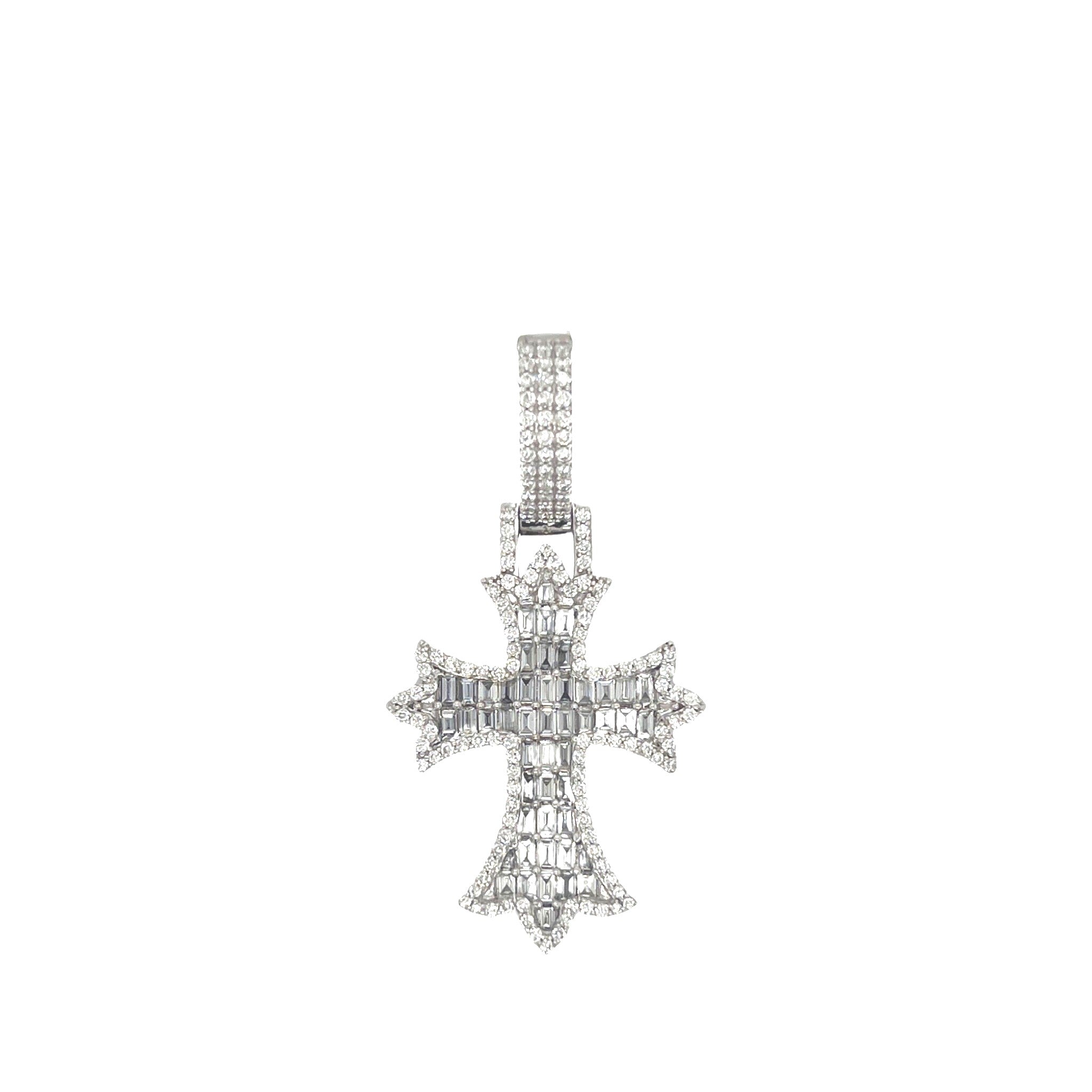 10K White Gold Designer Emerald VS Diamond Cross Pendant 2.10 CT 1.8"