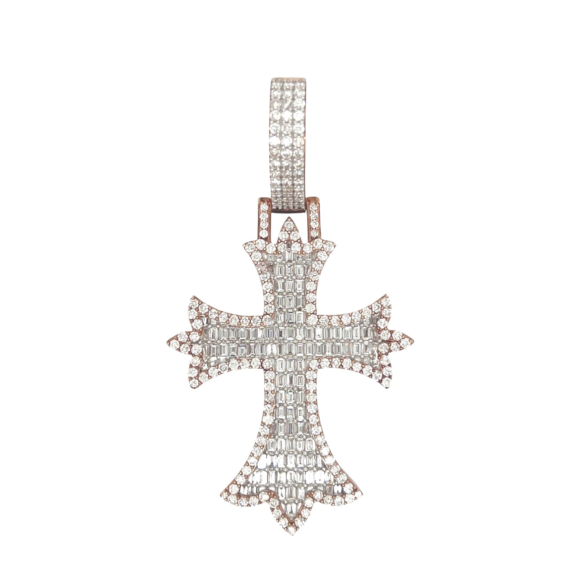 10K Rose Gold Designer Emerald VS Diamond Cross Pendant 5.25 CT 2.8"