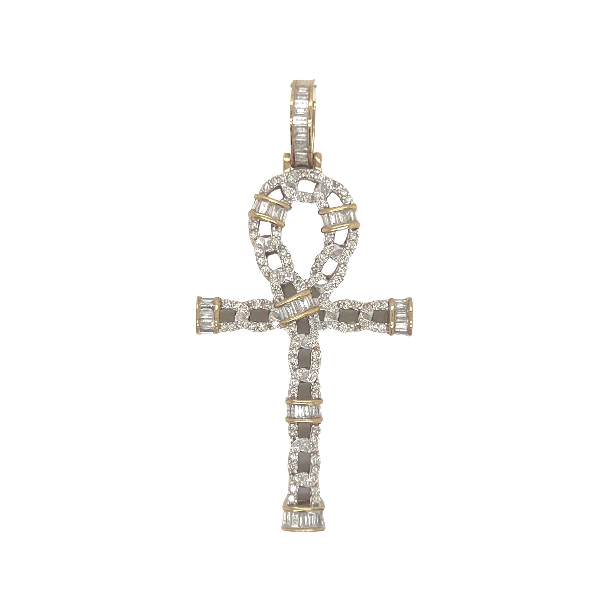 10K Yellow Gold Egyptian Ankh Baguette Diamond Cross Pendant 2.0 CT 2.6"