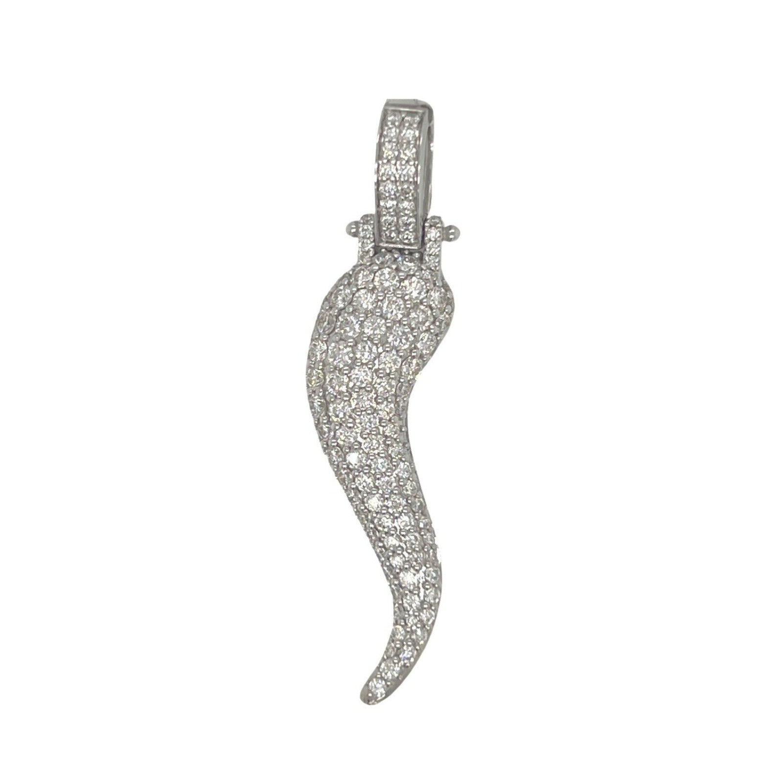 14K White Gold Italian Horn Amulet Diamond Pendant 1.89 CT 2"