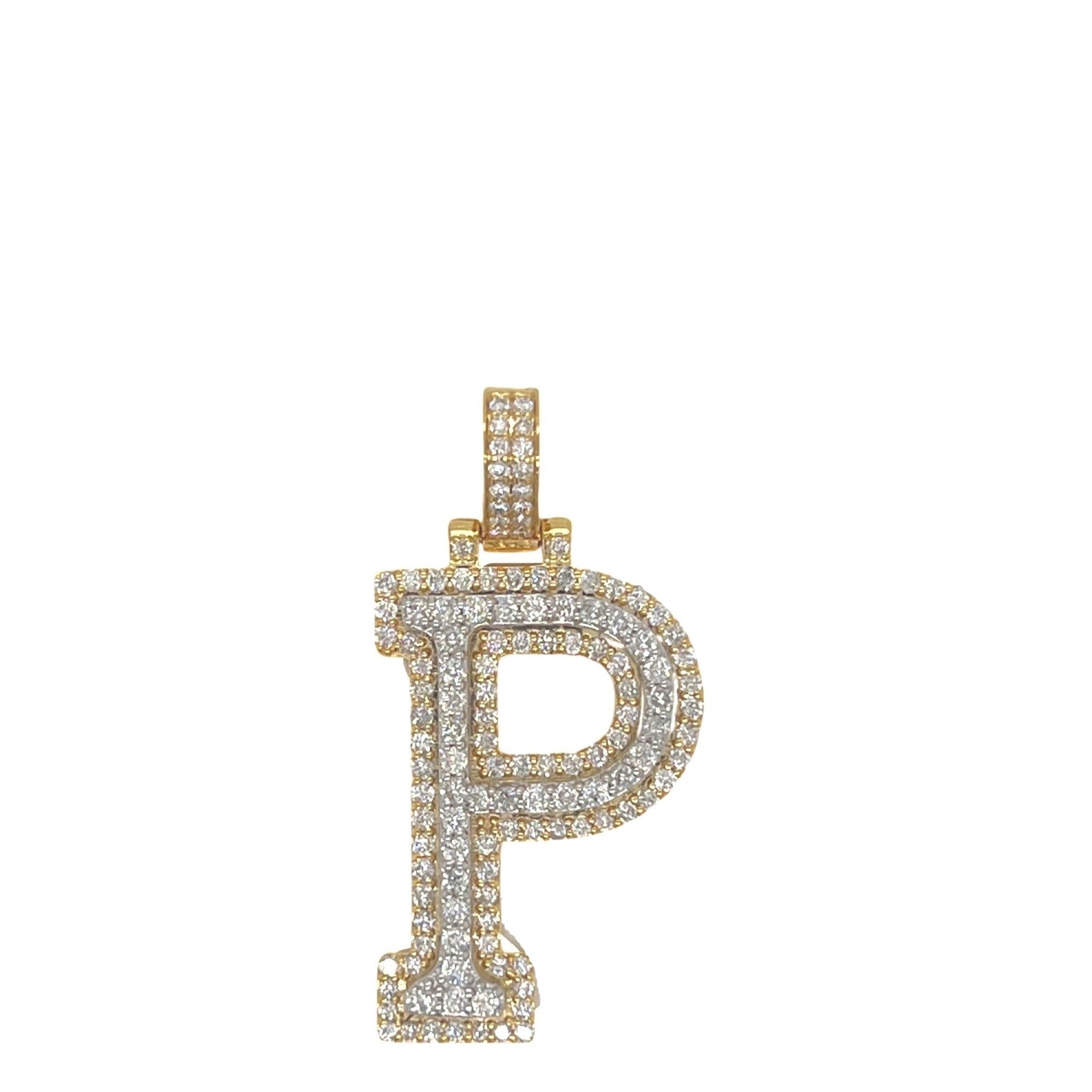 10K Yellow White Gold 3D Letter P Initial Diamond Pendant 1.29 CT 1.5"
