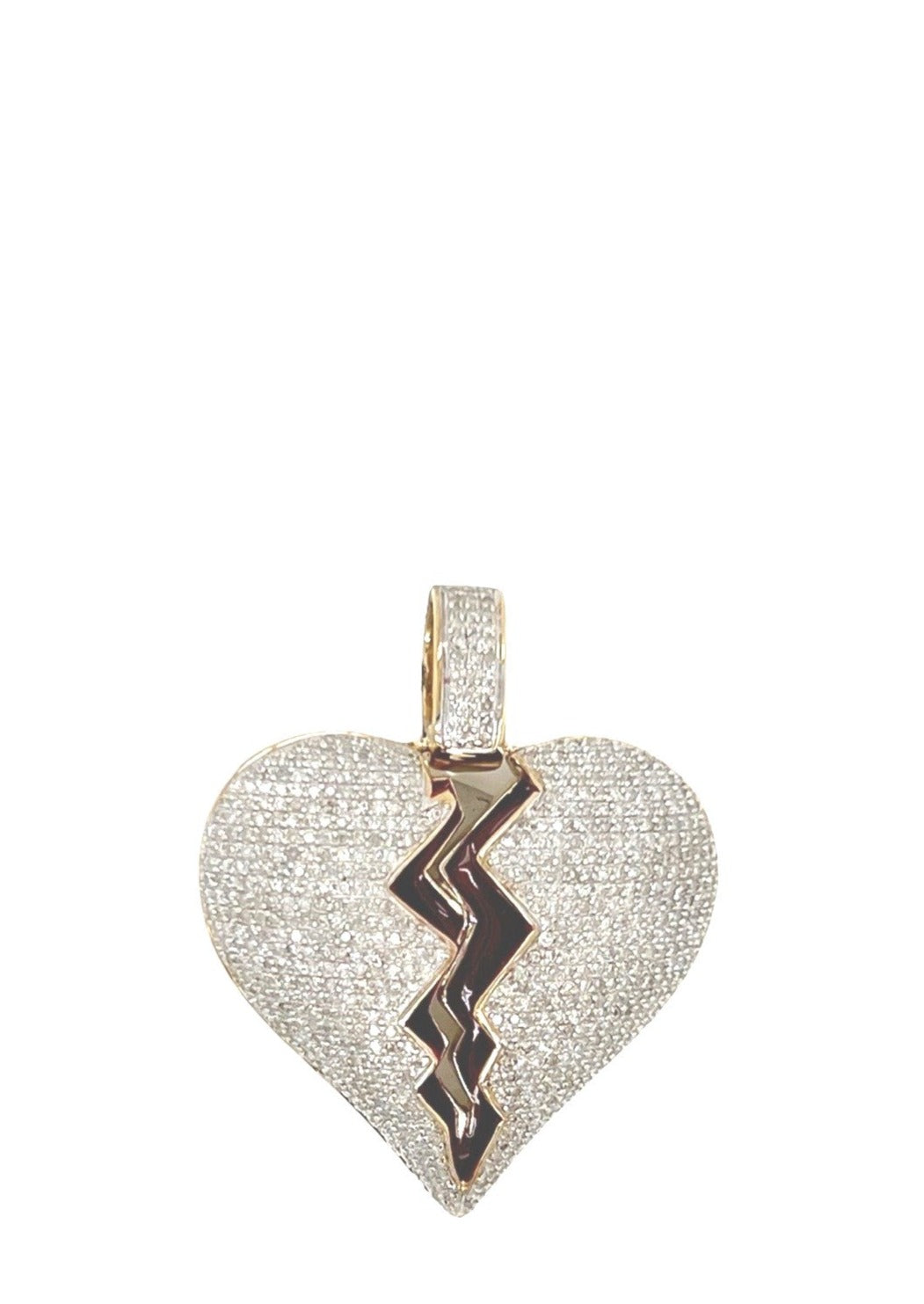 10K Yellow Gold Puffed Broken Heart Diamond Pendant 1.5 CT 1.35"