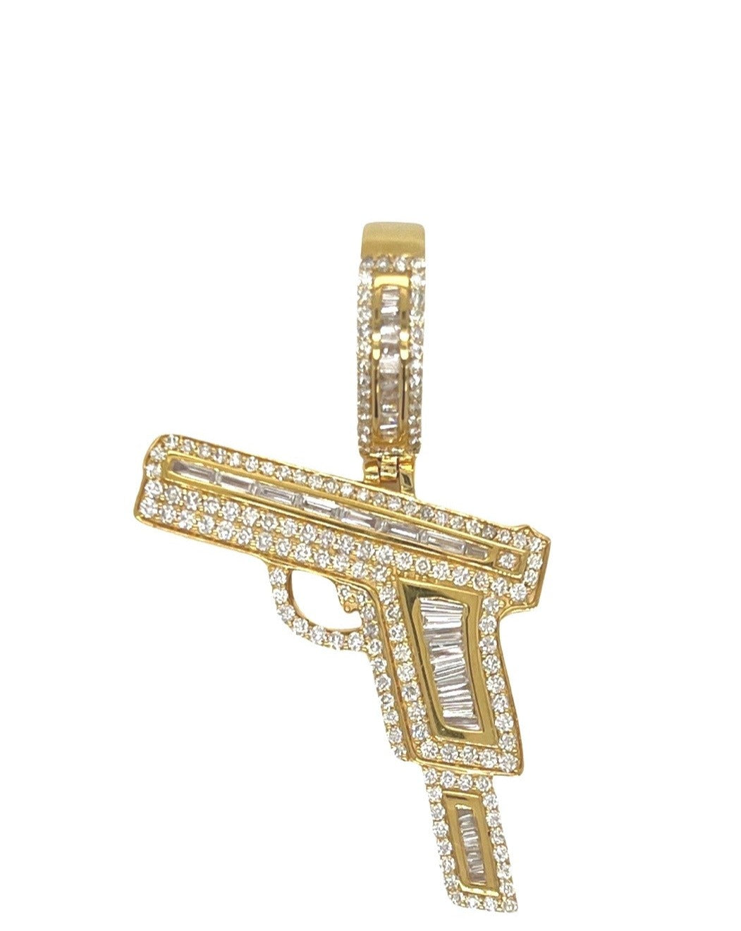 10K Yellow Gold Gun VS Baguette Diamond Pendant 1.75 CT 1.85"
