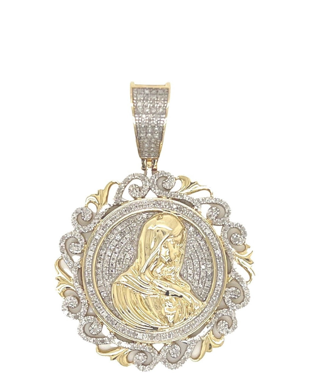 10K Yellow Gold Mother Mary Medallion Iced Diamond Pendant 0.76 CT 1.8"