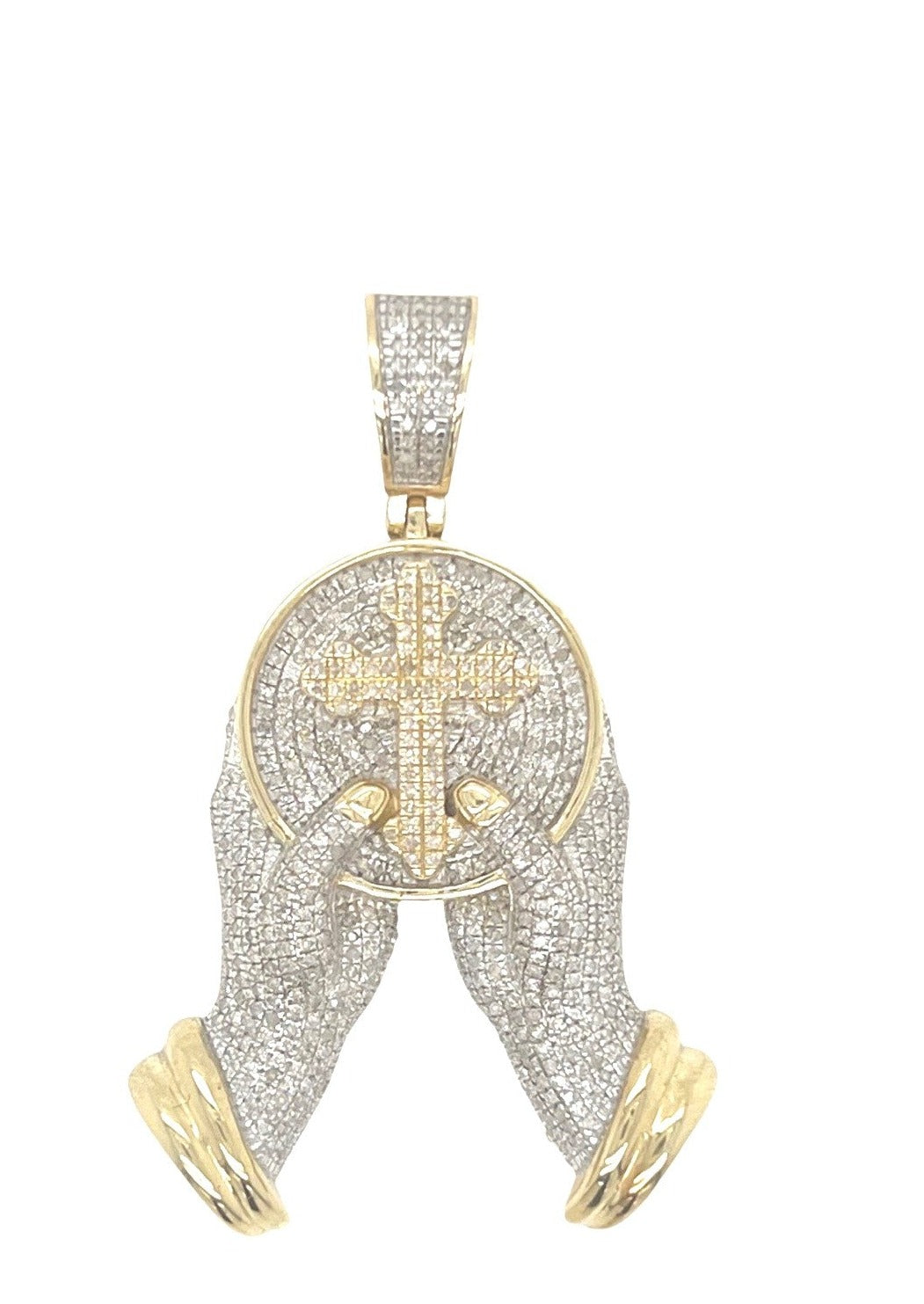 10K Yellow Gold Hands Holding Cross Diamond Pendant 0.94 CT 1.85"