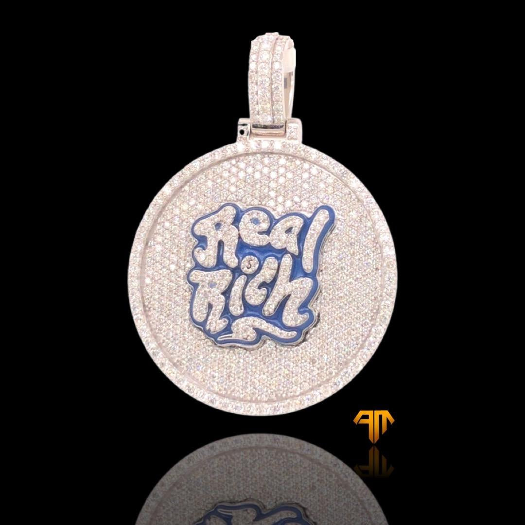 Custom White Gold "Real Rich" Circle Pendant