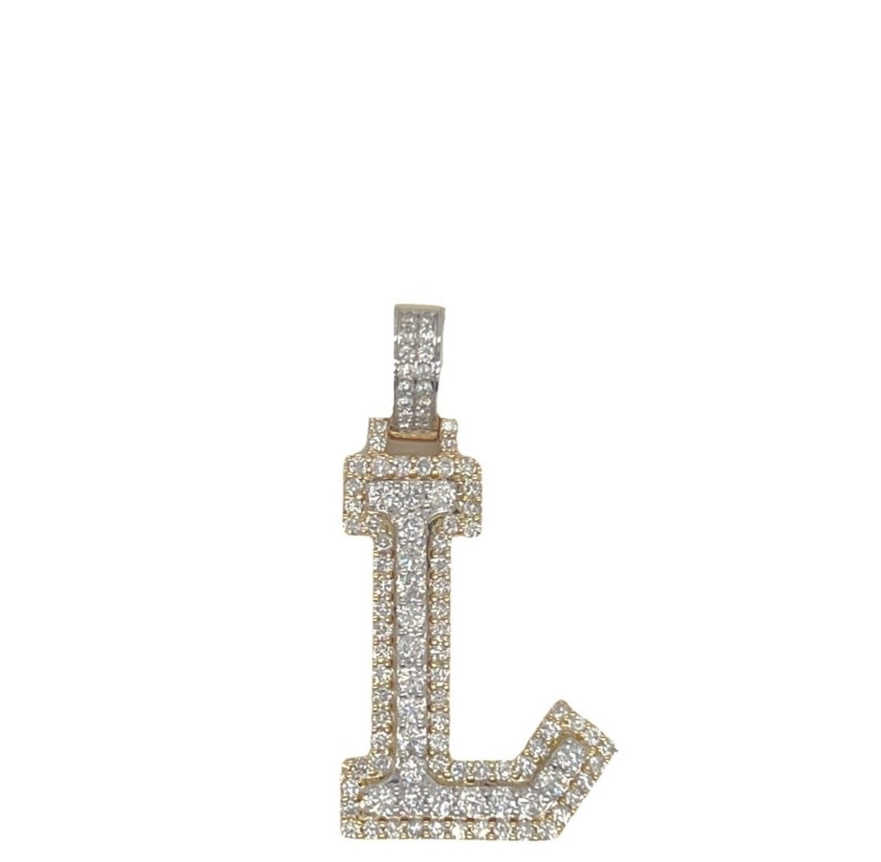 10K Yellow White Gold 3D Letter L Initial Diamond Pendant 1.44 CT 1.5"