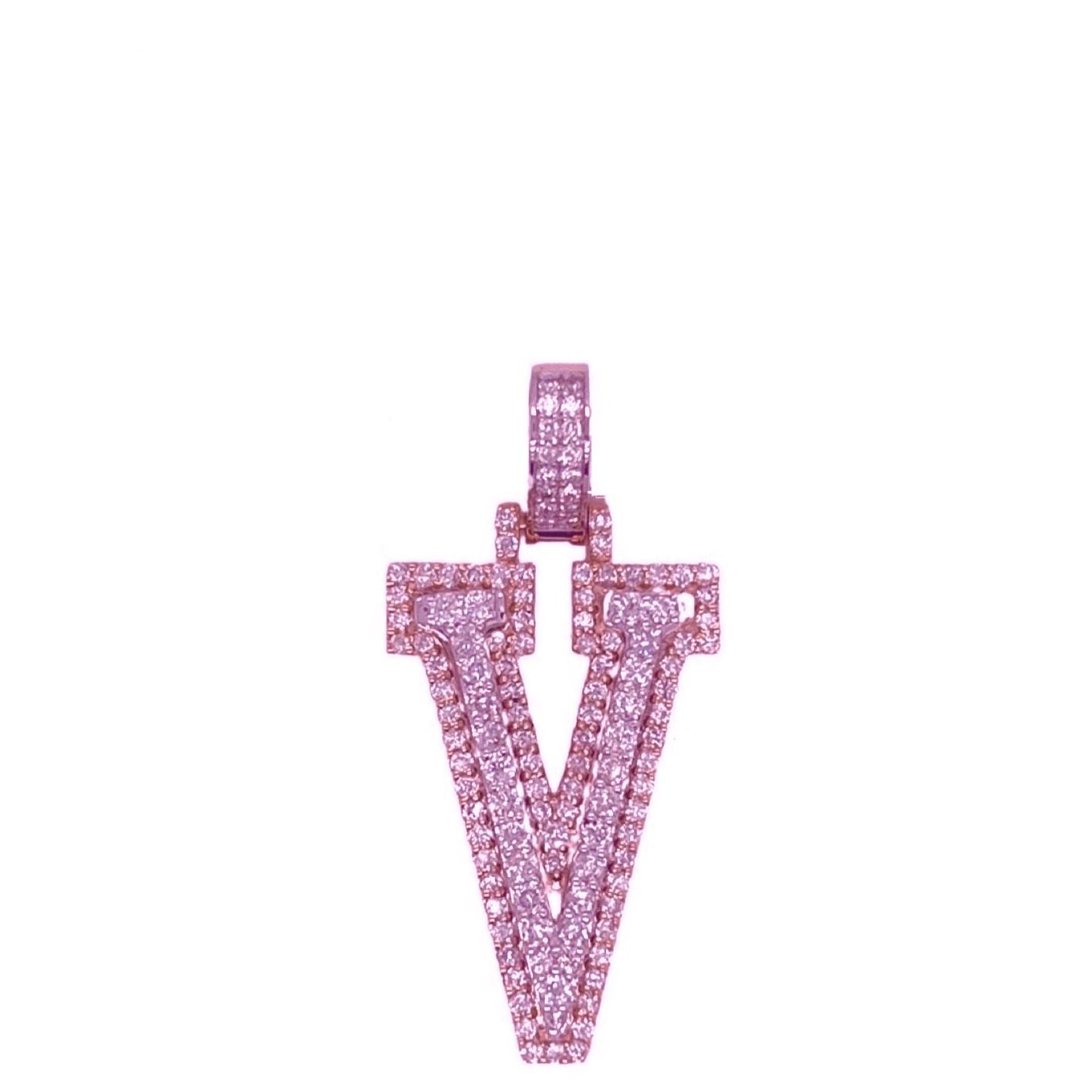 10K Rose White Gold 3D Letter V Initial Diamond Pendant 1.24 CT 1.5"