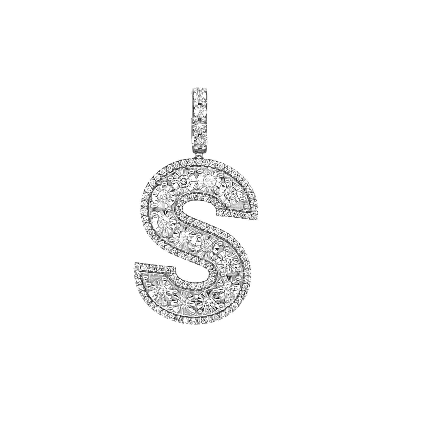 10K White Gold 3D Letter S Initial Diamond Pendant 1.07 CT 1.6"