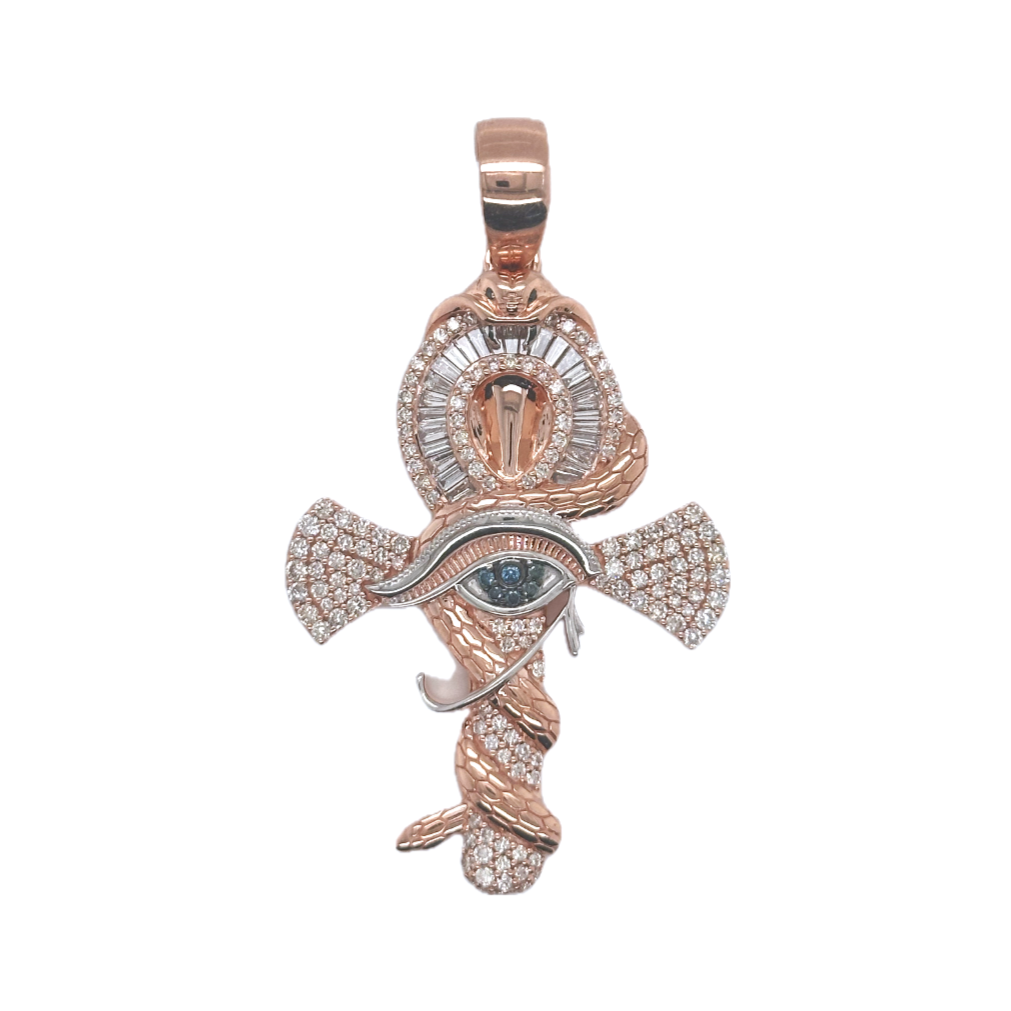 10K Rose Gold Snake and Eye of Horus Ankh Diamond Cross Pendant 1.93 CT 2.25"