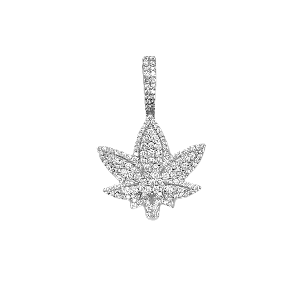 10K White Gold Marijuana Leaf Diamond Pendant 1.84 CT 1.5"