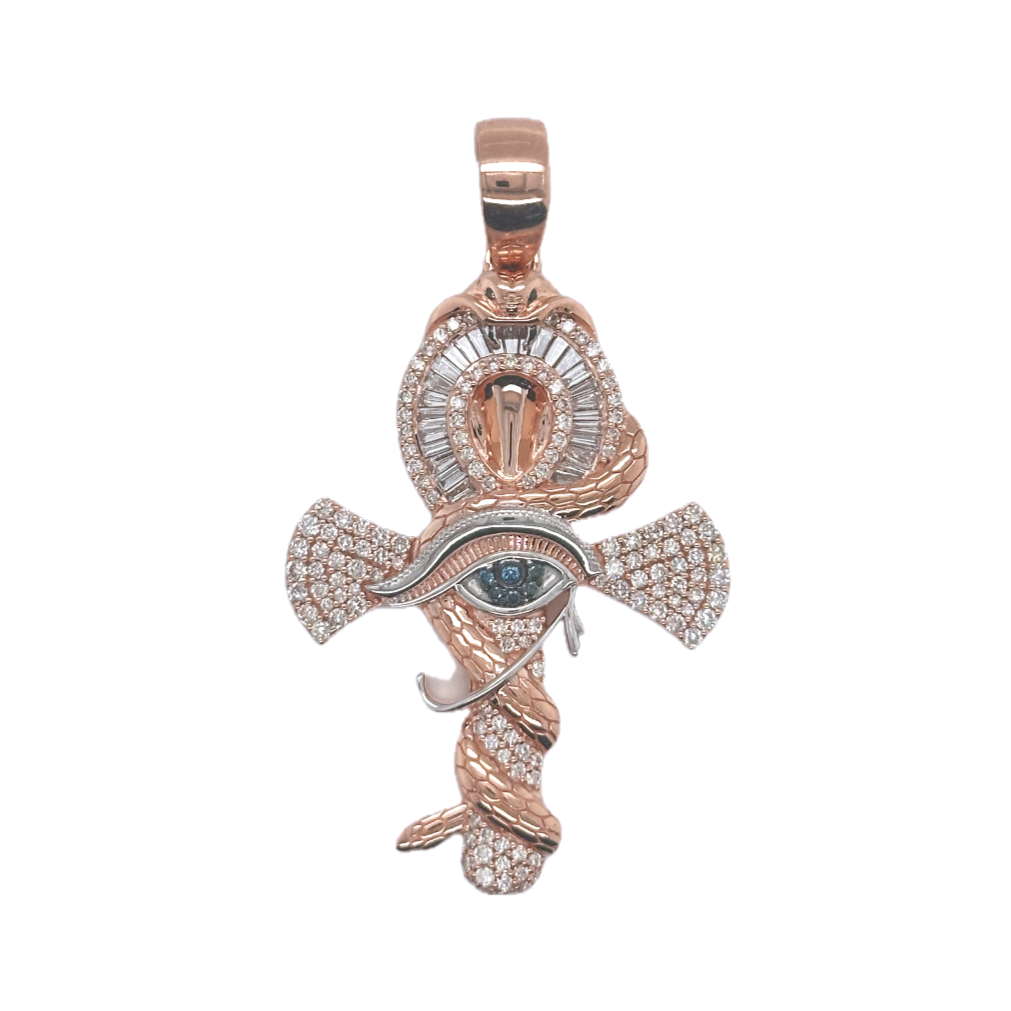 10K Rose Gold Snake and Eye of Horus Ankh Diamond Cross Pendant 1.93 CT 2.25