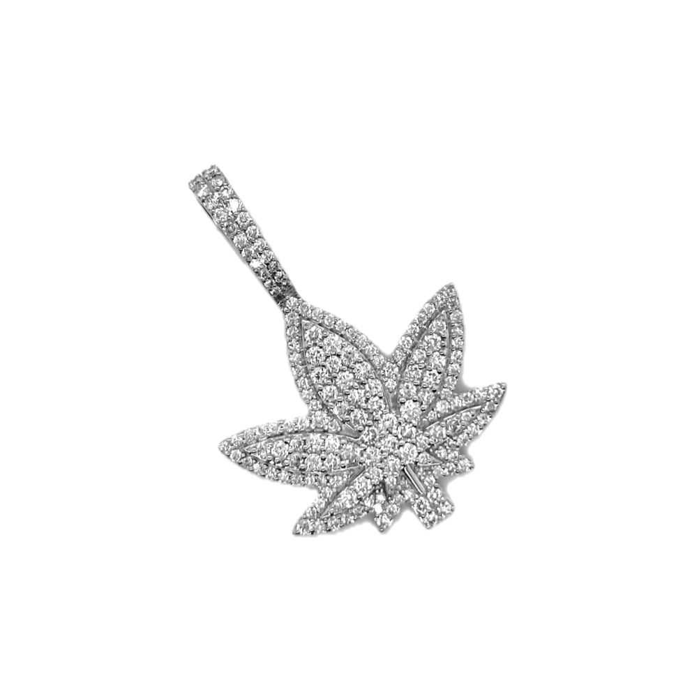 10K White Gold Marijuana Leaf Diamond Pendant 1.84 CT 1.5"