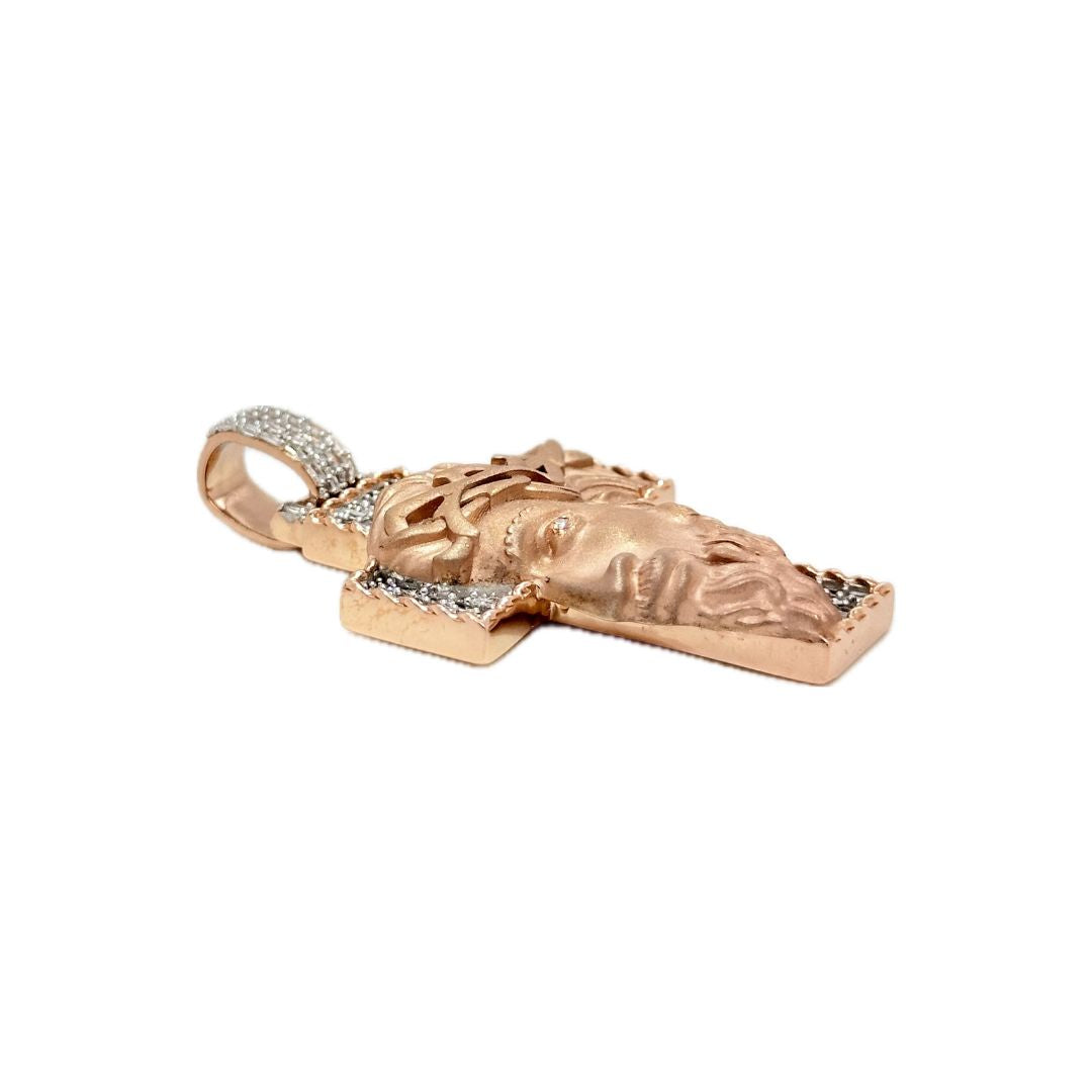 10K Rose Gold Jesus Head Diamond Cross Pendant 0.70 CT 1.93"
