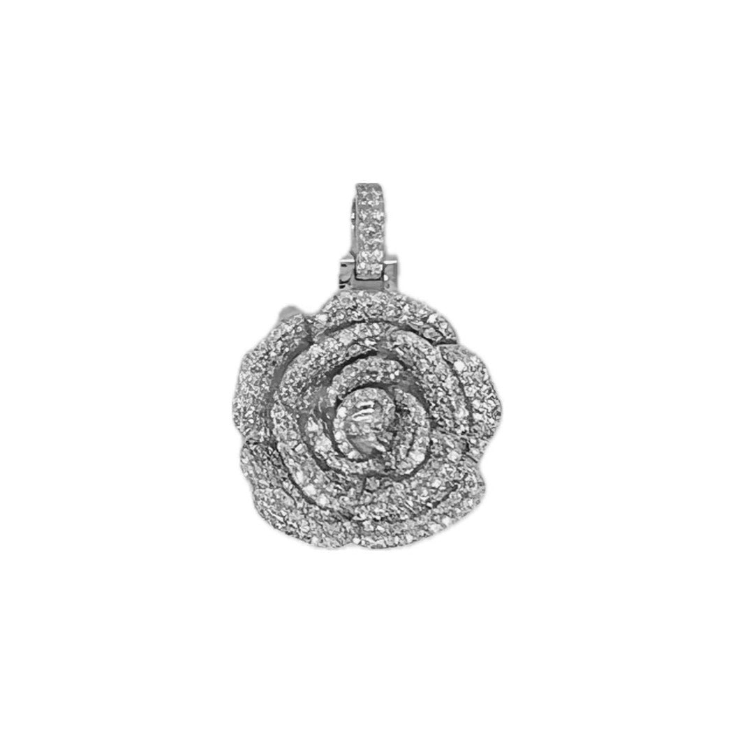 10K White Gold Rose Flower Diamond Pendant 1.58 CT 1.21"