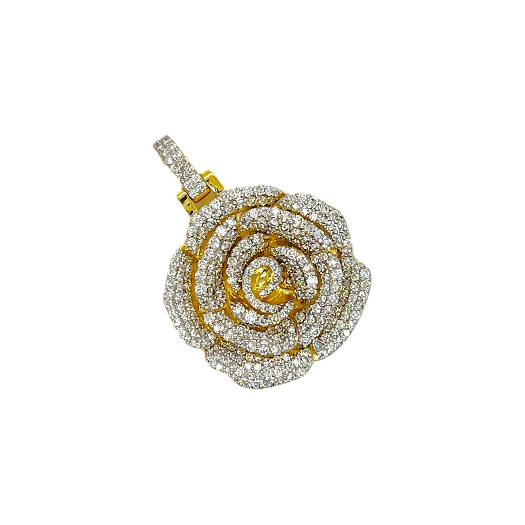 10K Yellow Gold Rose Flower Diamond Pendant 1.58 CT 1.21"