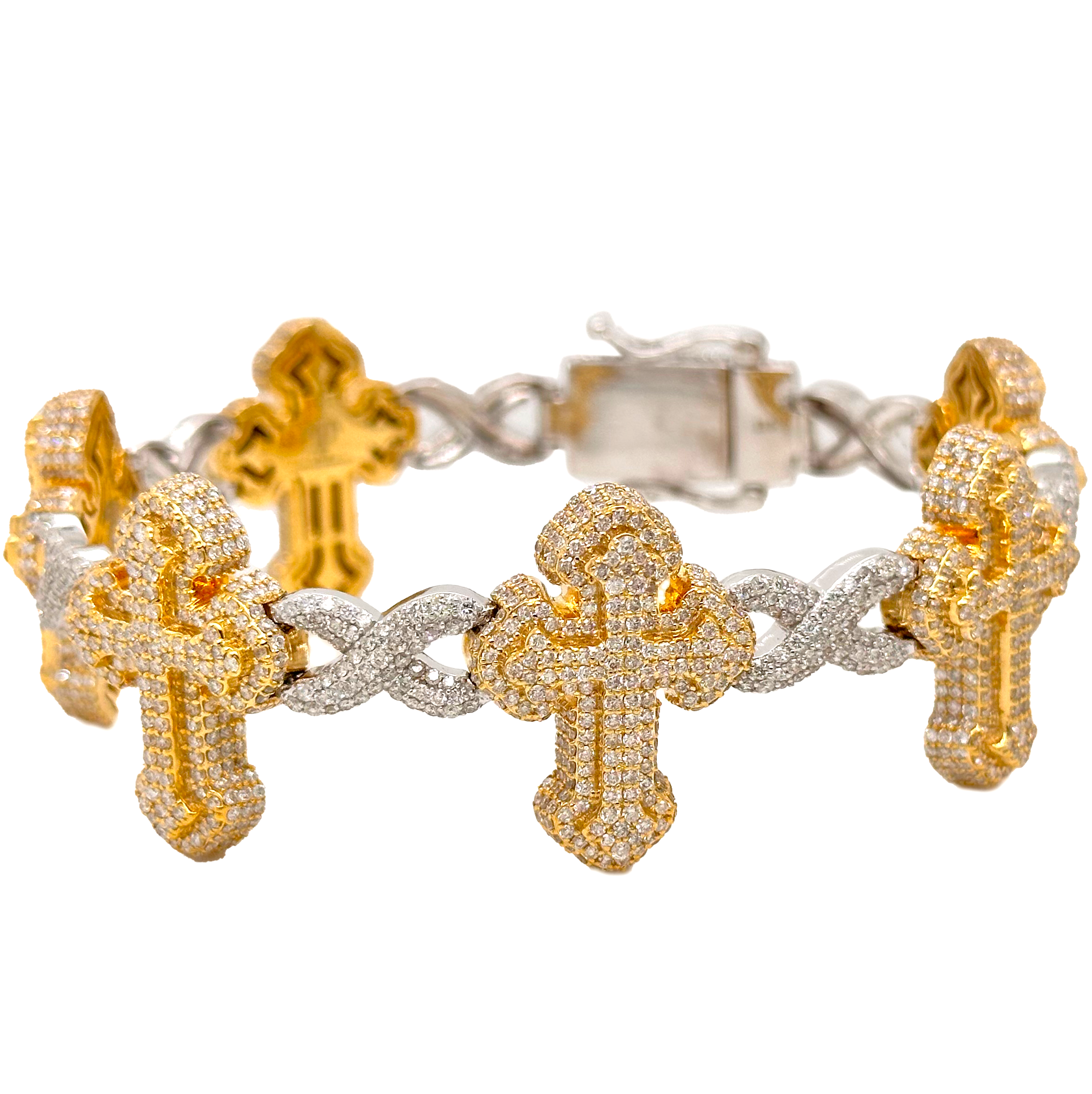 10K Yellow White Gold 26MM Infinity Cross Diamond Bracelet 12.58 CT 8.5"