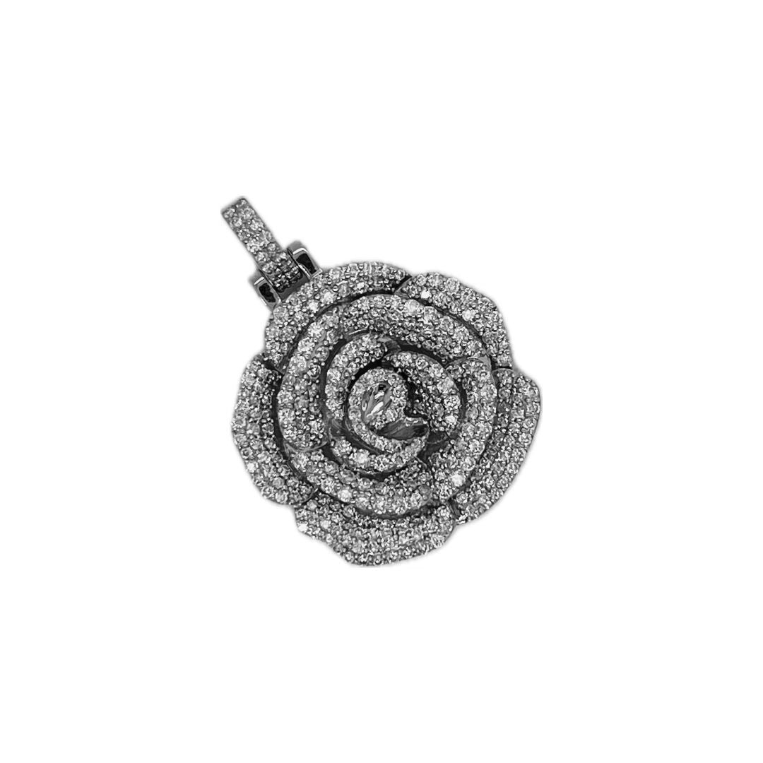 10K White Gold Rose Flower Diamond Pendant 1.58 CT 1.21"