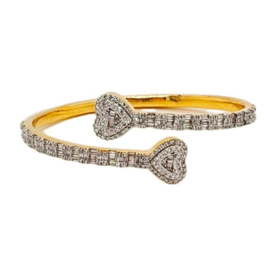 10K Yellow Gold Designer Heart Baguette Diamond Bangle Bracelet 2.58 CT 8"