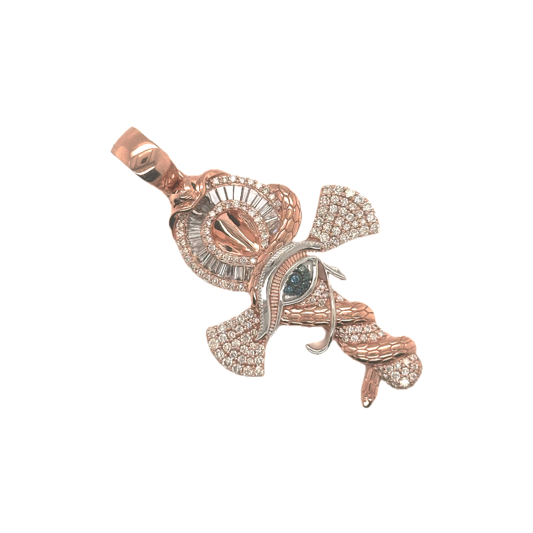 10K Rose Gold Snake and Eye of Horus Ankh Diamond Cross Pendant 1.93 CT 2.25"