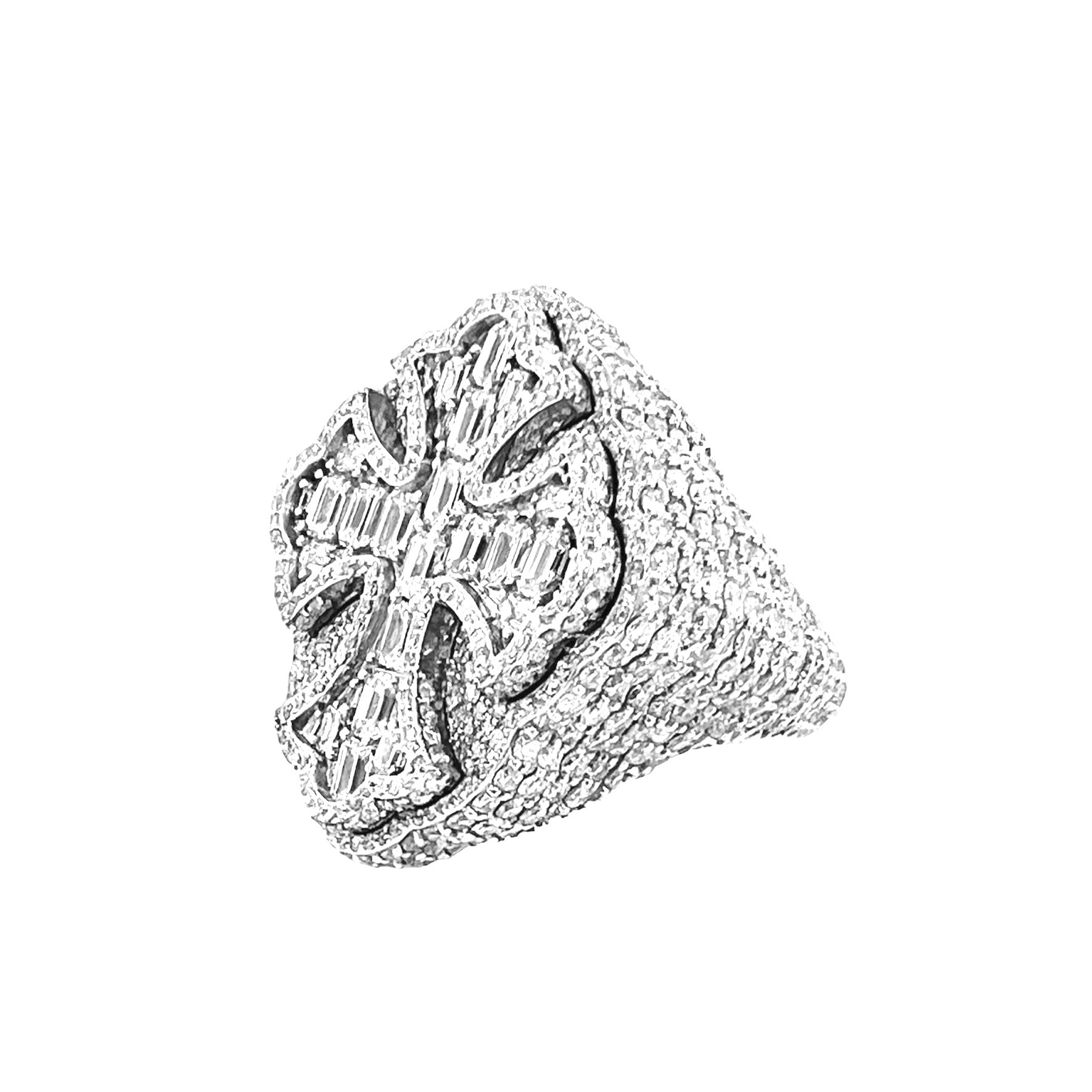 10K White Gold 29MM 3D Gothic Cross Baguette Diamond Ring 7.69 CT
