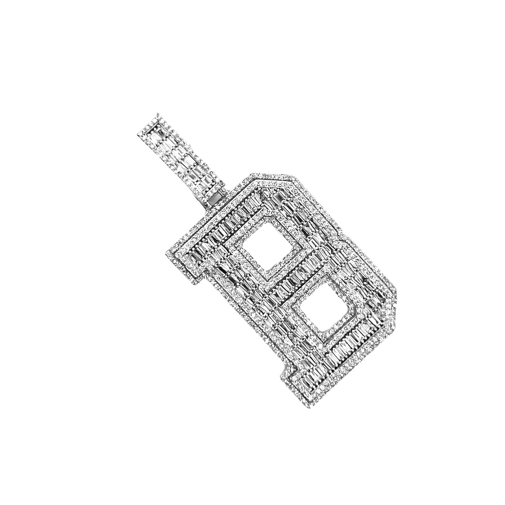 10K White Gold 3D Letter B Initial Baguette Diamond Pendant 1.75 CT 1.75"