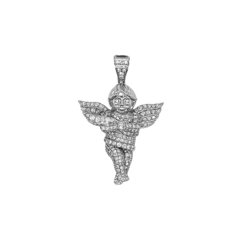 10K White Gold Angel Cherub Diamond Pendant 1.60 CT 1.74"