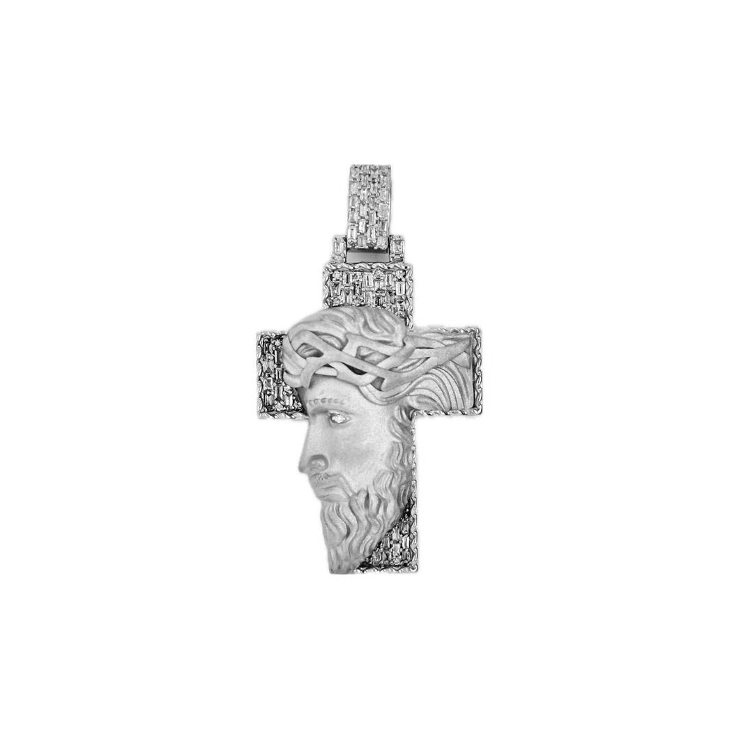 10K White Gold Jesus Head Diamond Cross Pendant 0.70 CT 1.93