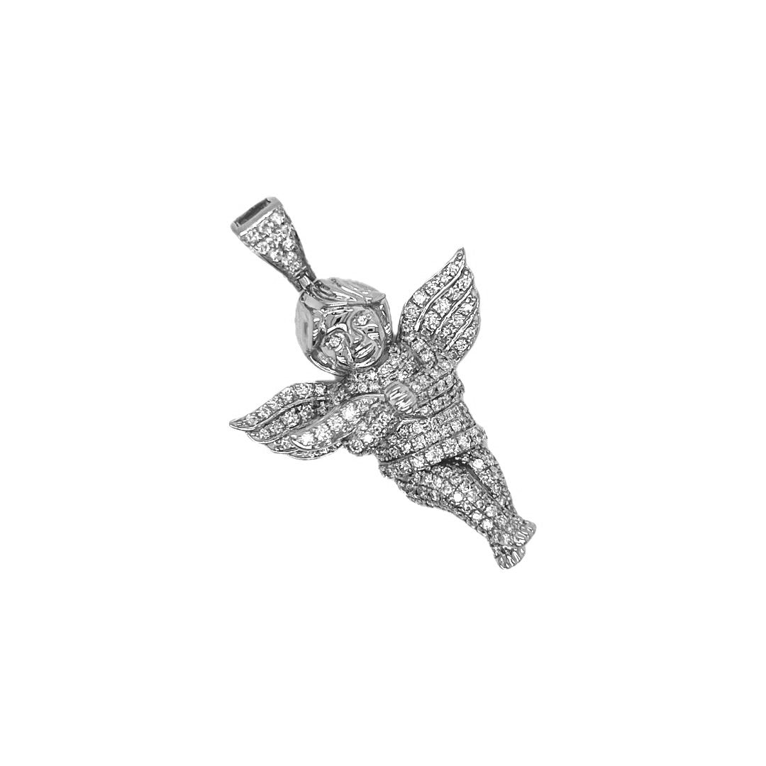 10K White Gold Angel Cherub Diamond Pendant 1.60 CT 1.74"