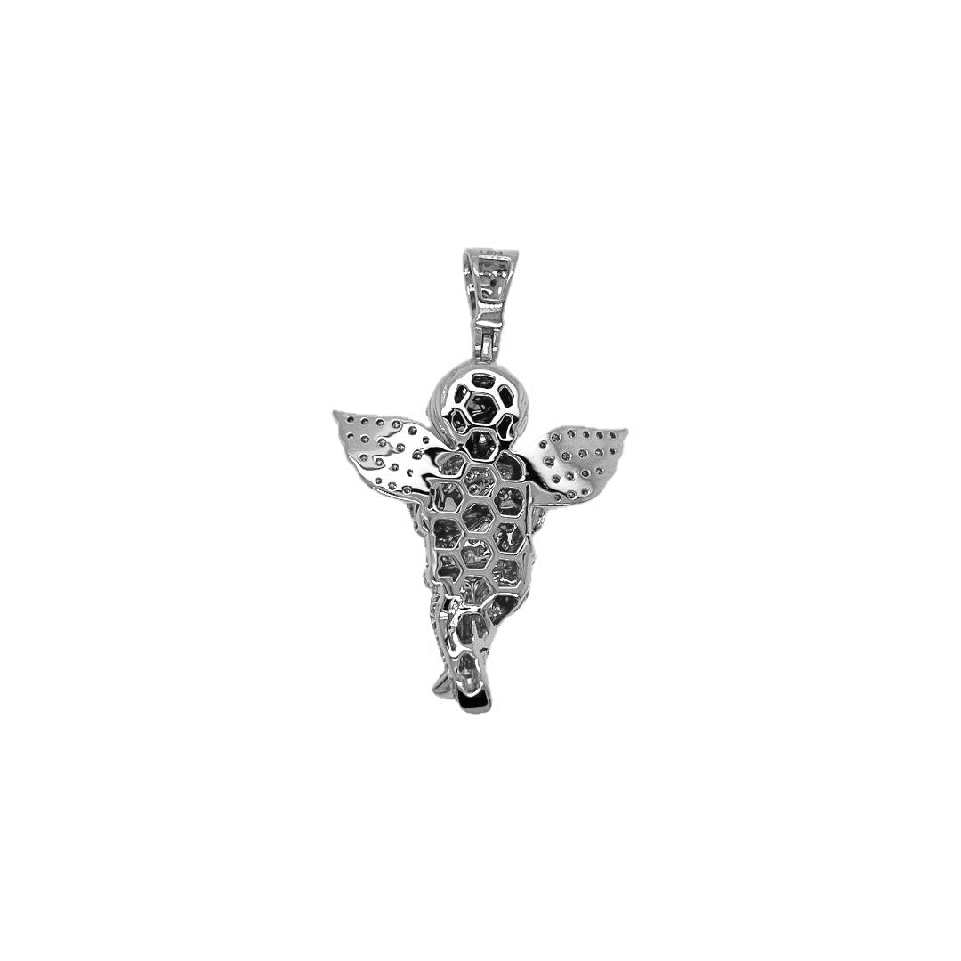10K White Gold Angel Cherub Diamond Pendant 1.60 CT 1.74"