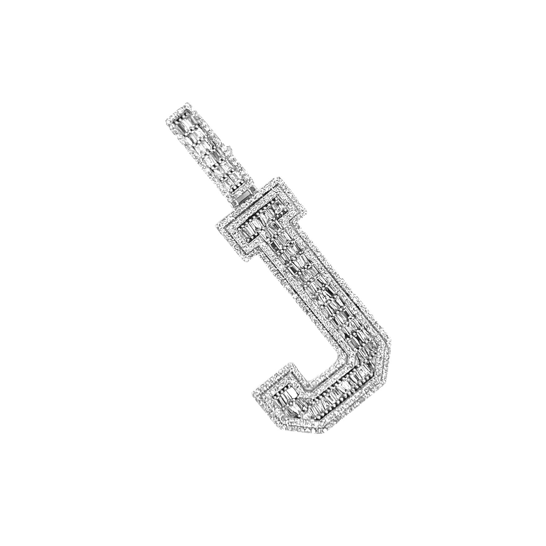 10K White Gold 3D Letter J Initial Baguette Diamond Pendant 1.16 CT 1.75"