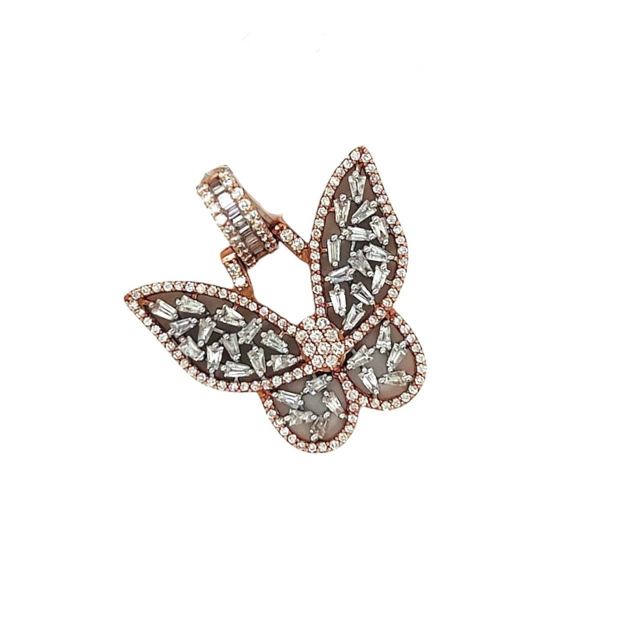 10K Rose White Gold Butterfly Baguette Diamond Pendant 1.12 CT 1"