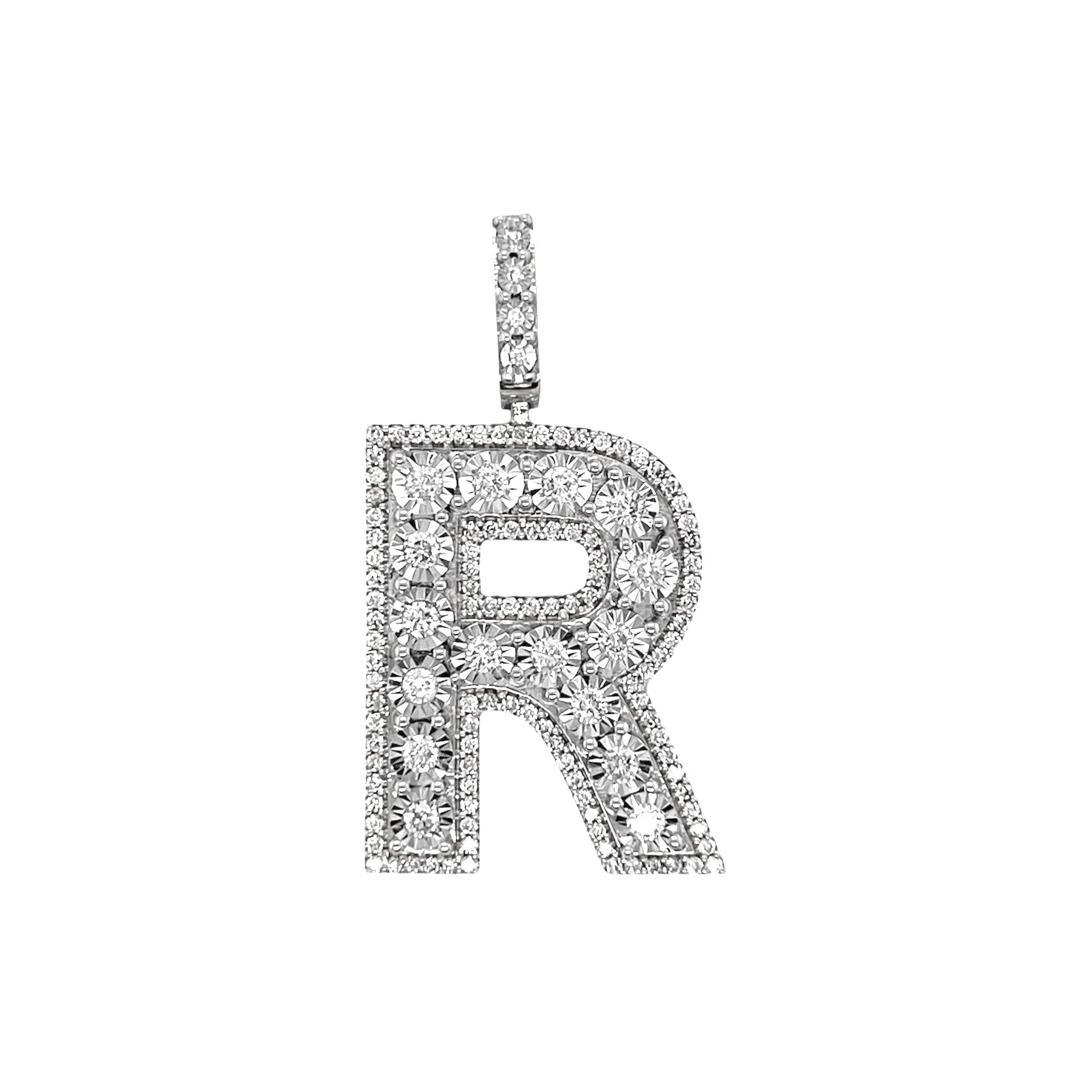 10K White Gold 3D Letter R Initial Diamond Pendant 1.50 CT 1.6"