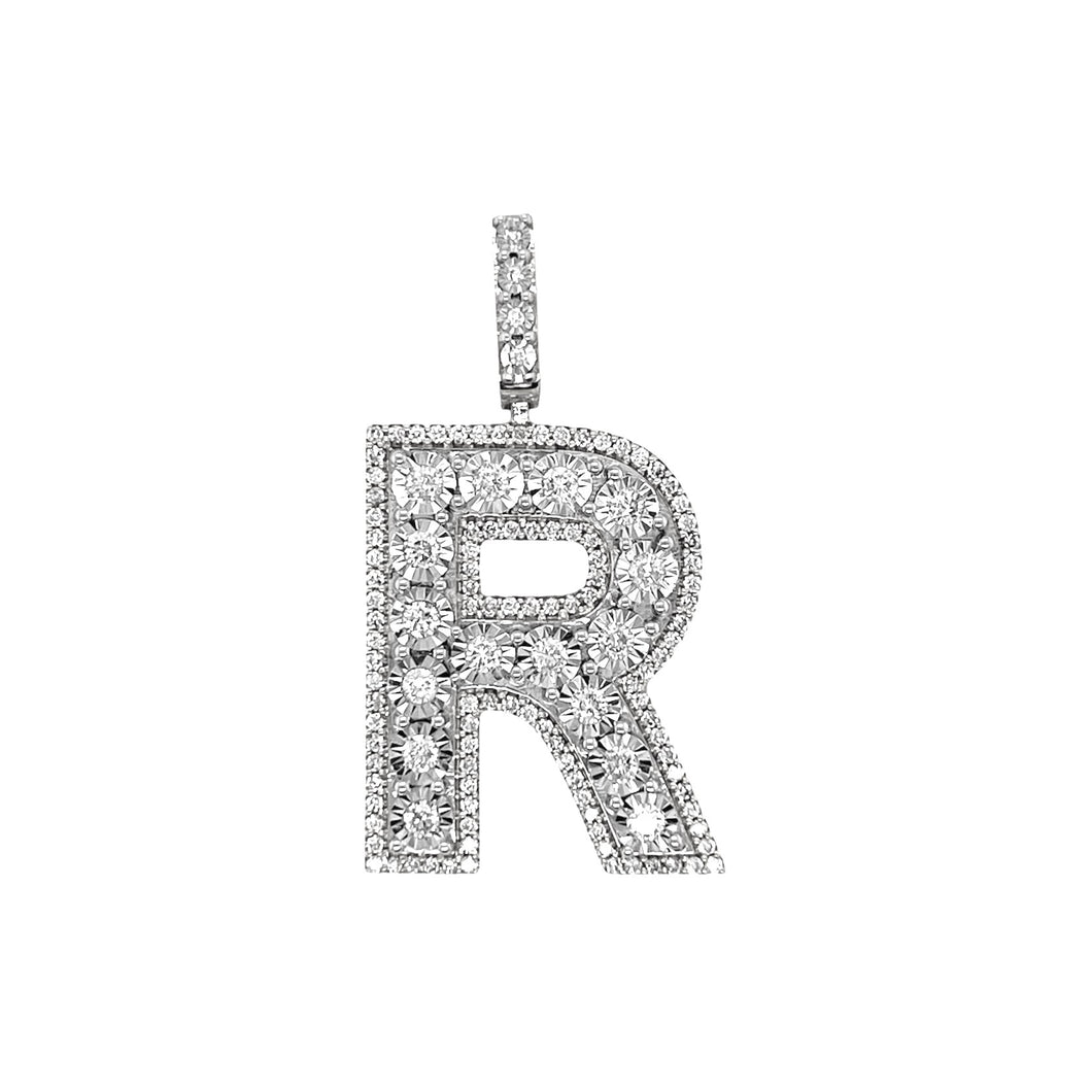 10K White Gold 3D Letter R Initial Diamond Pendant 1.50 CT 1.6