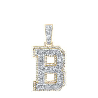 10K Yellow White Gold 3D Letter B Initial Baguette Diamond Pendant 2.2 CT 1.7"