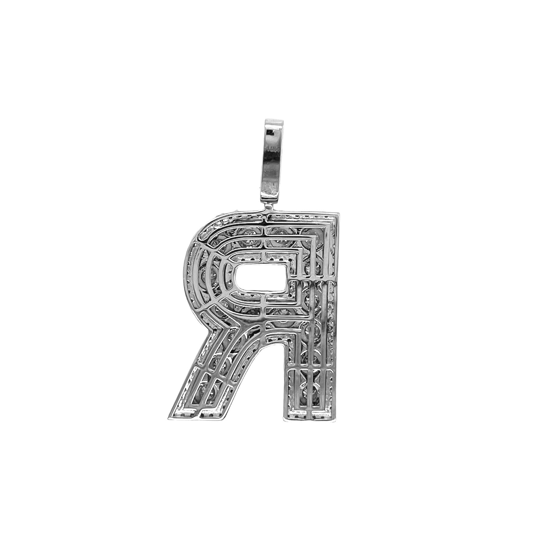 10K White Gold 3D Letter R Initial Diamond Pendant 1.50 CT 1.6"