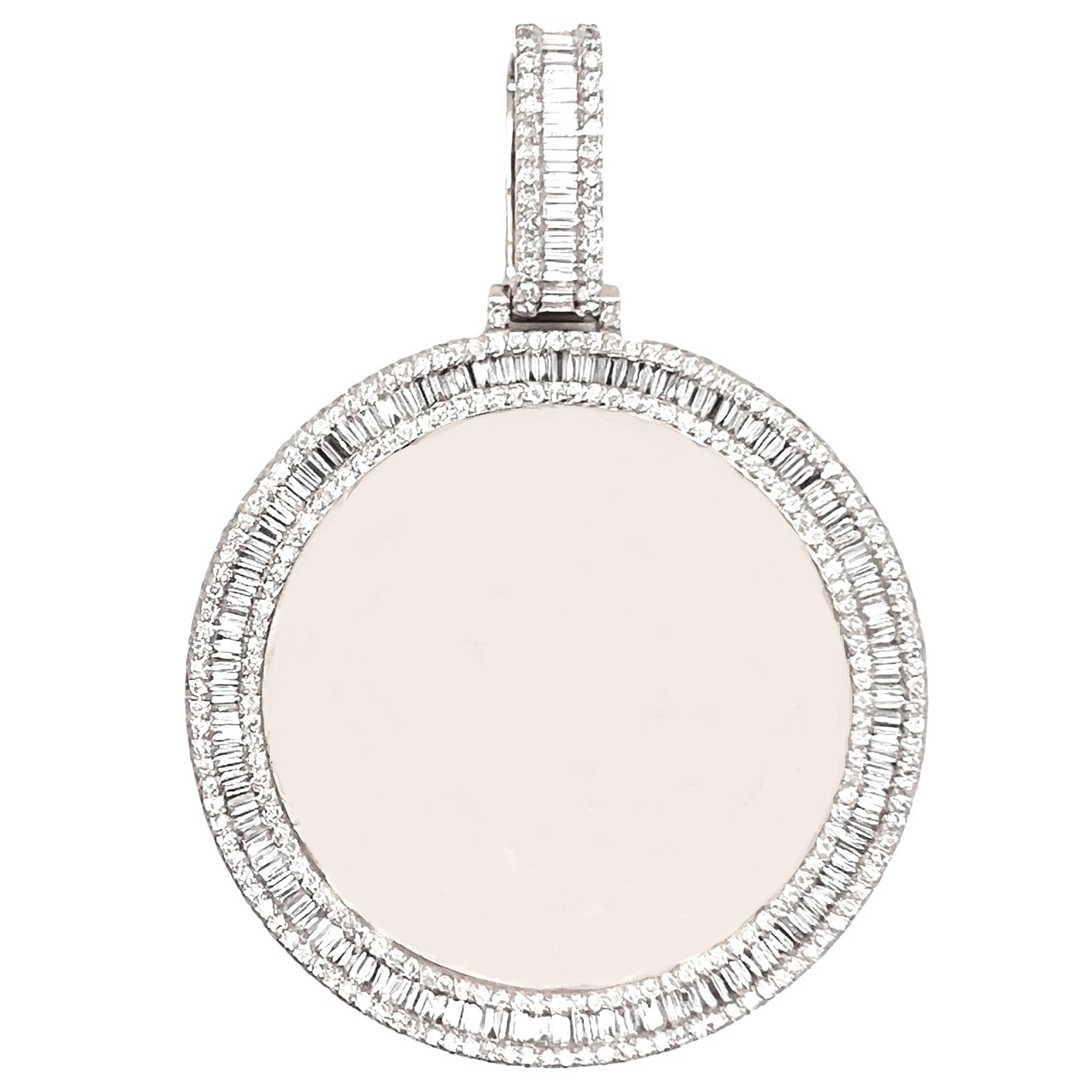 10K White Gold 3D Memory Frame VS Baguette Diamond Pendant 9.75 CT 2.8"
