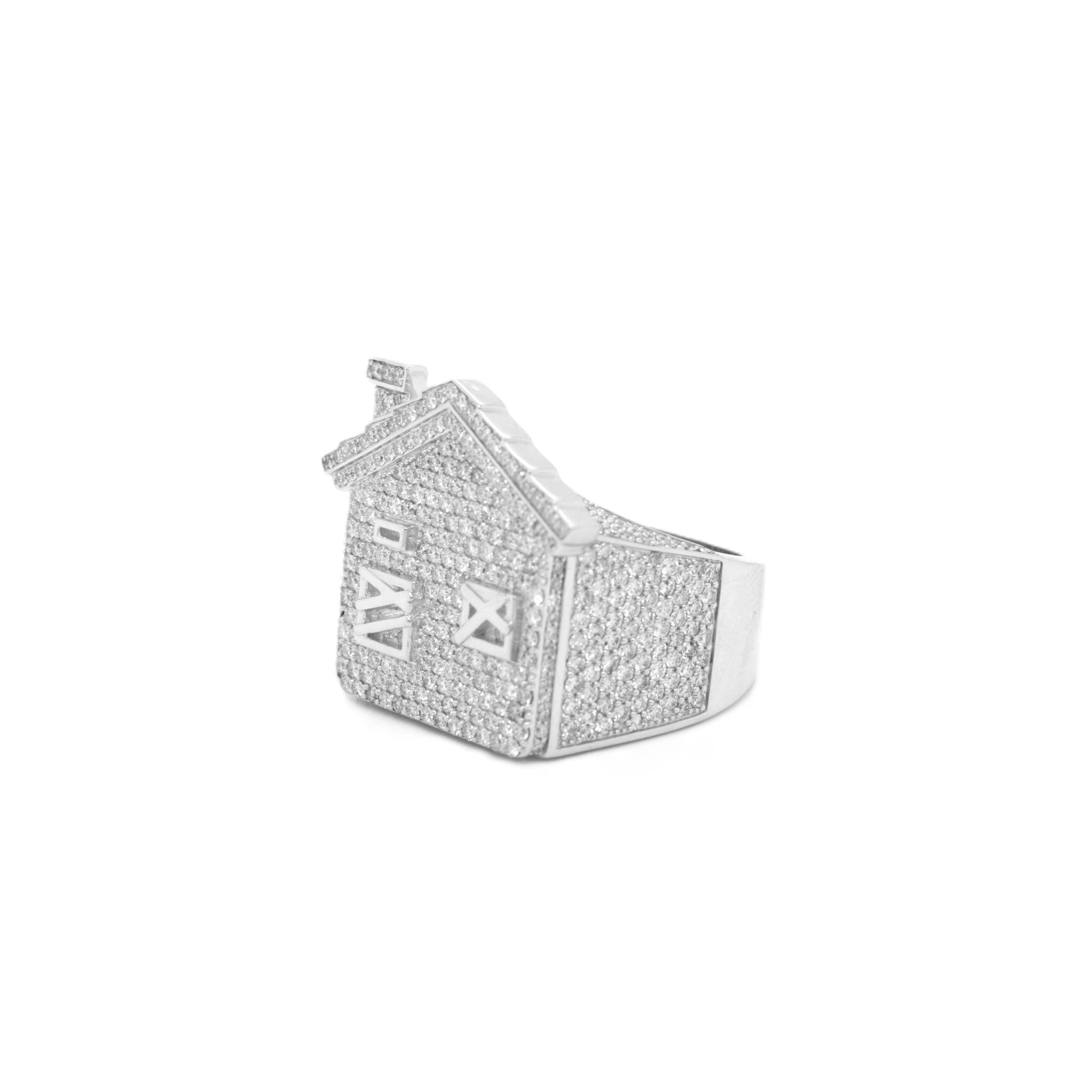 10K White Gold 32.4MM 3D Trap House Ring 3.67CT