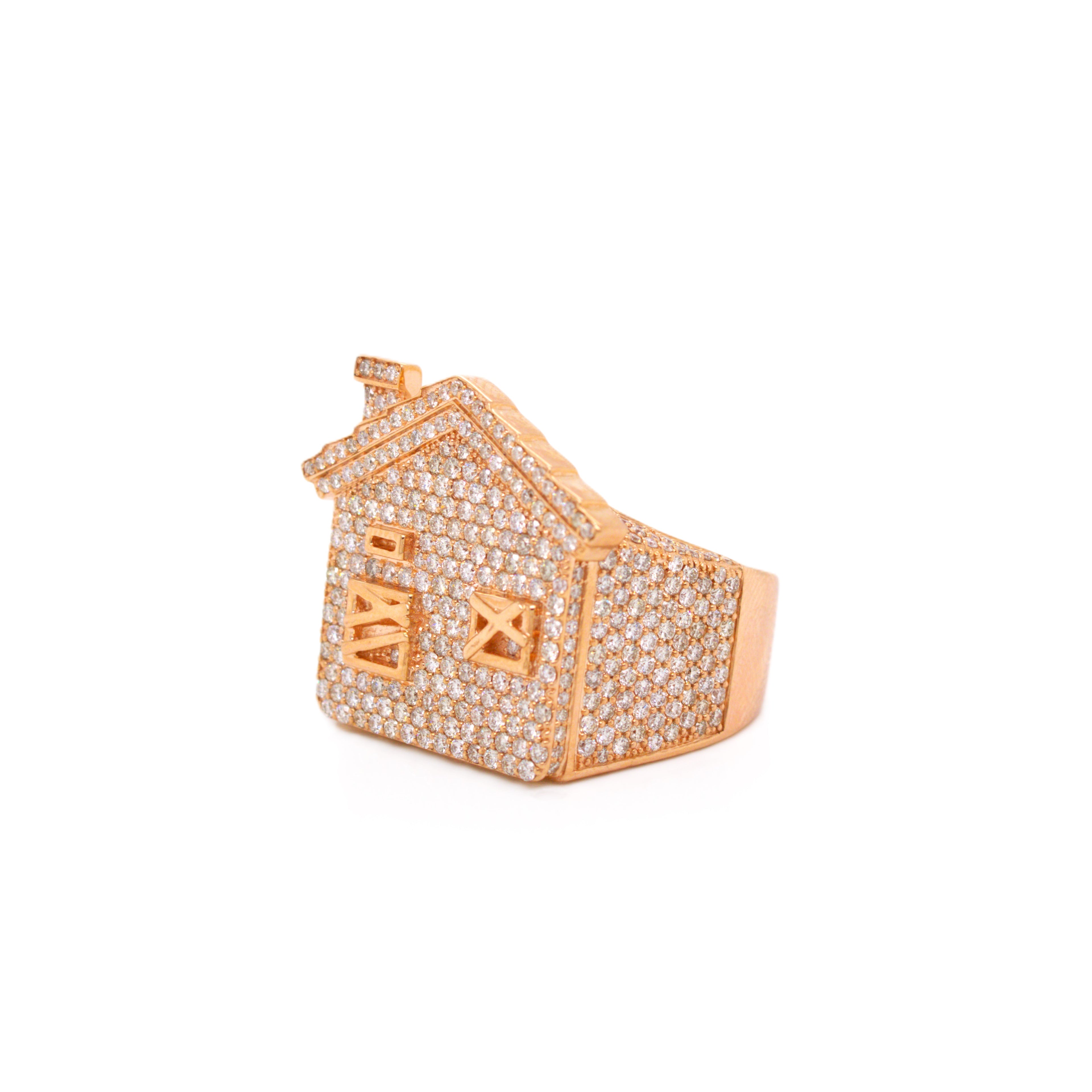 10K Rose Gold 23.4MM 3D Trap House Ring 3.67CT