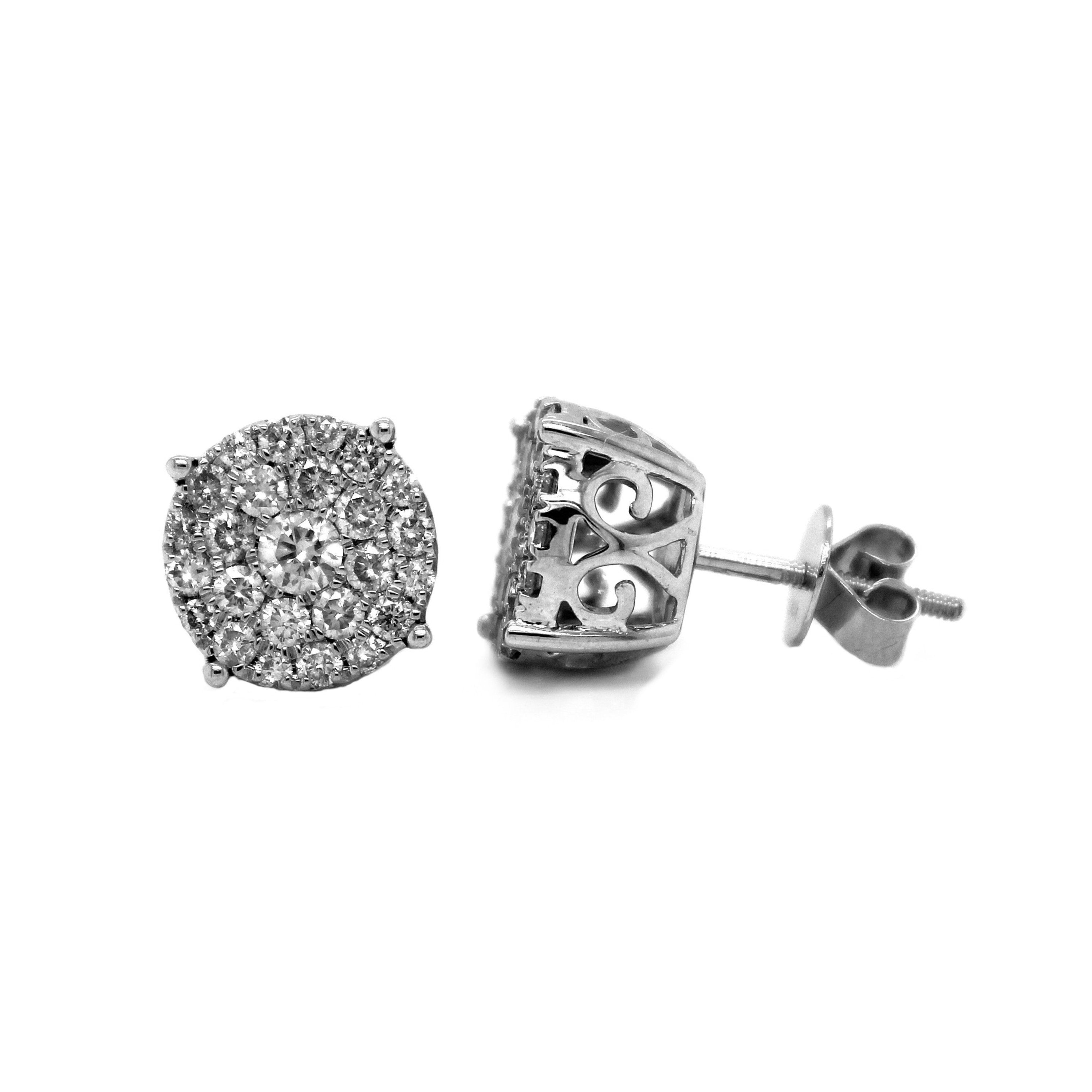 10K White Gold Round Halo Cluster Diamond Earrings 1.20 CT 11.7MM