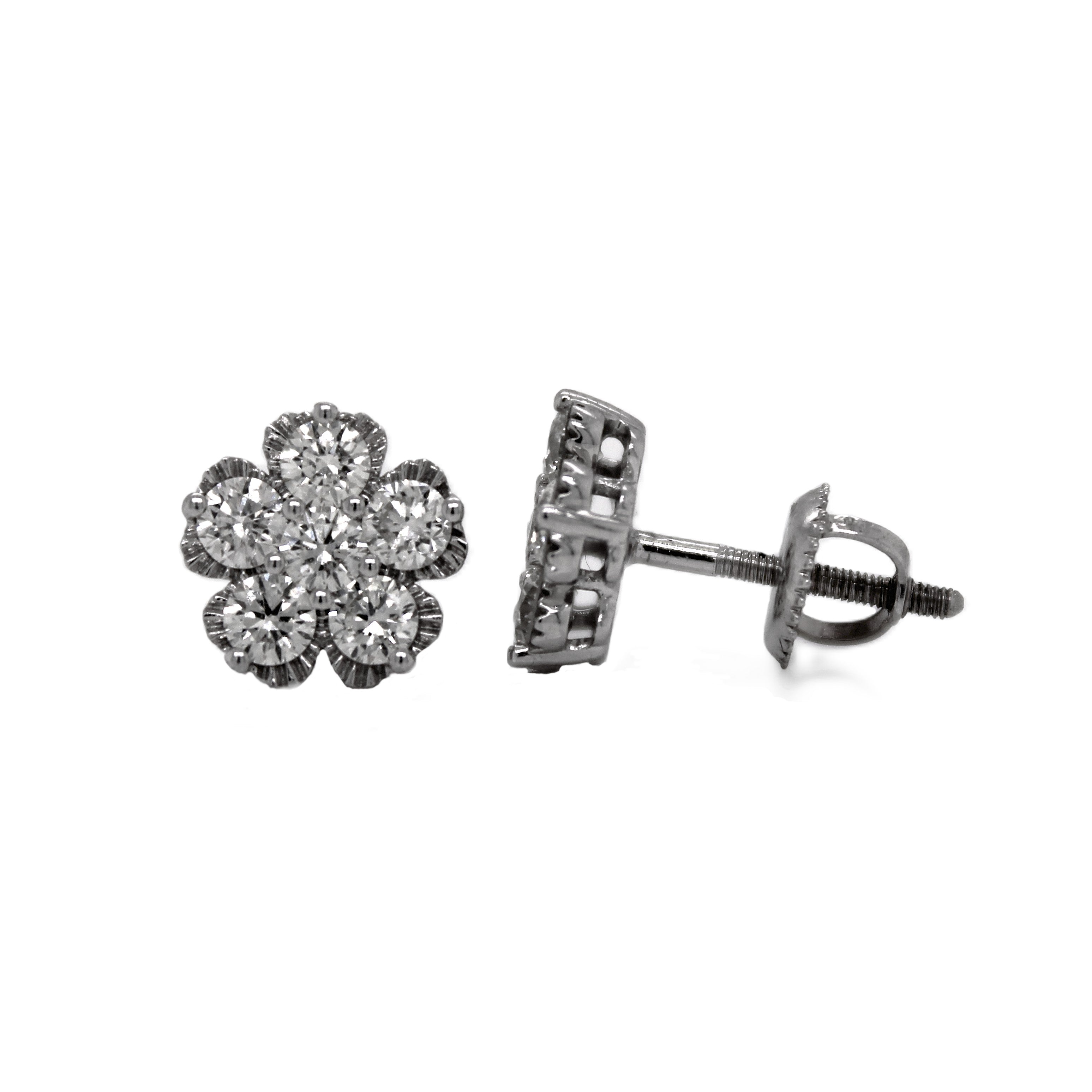 10K White Gold Flower Cluster Diamond Earrings 1.15 CT 9.5MM