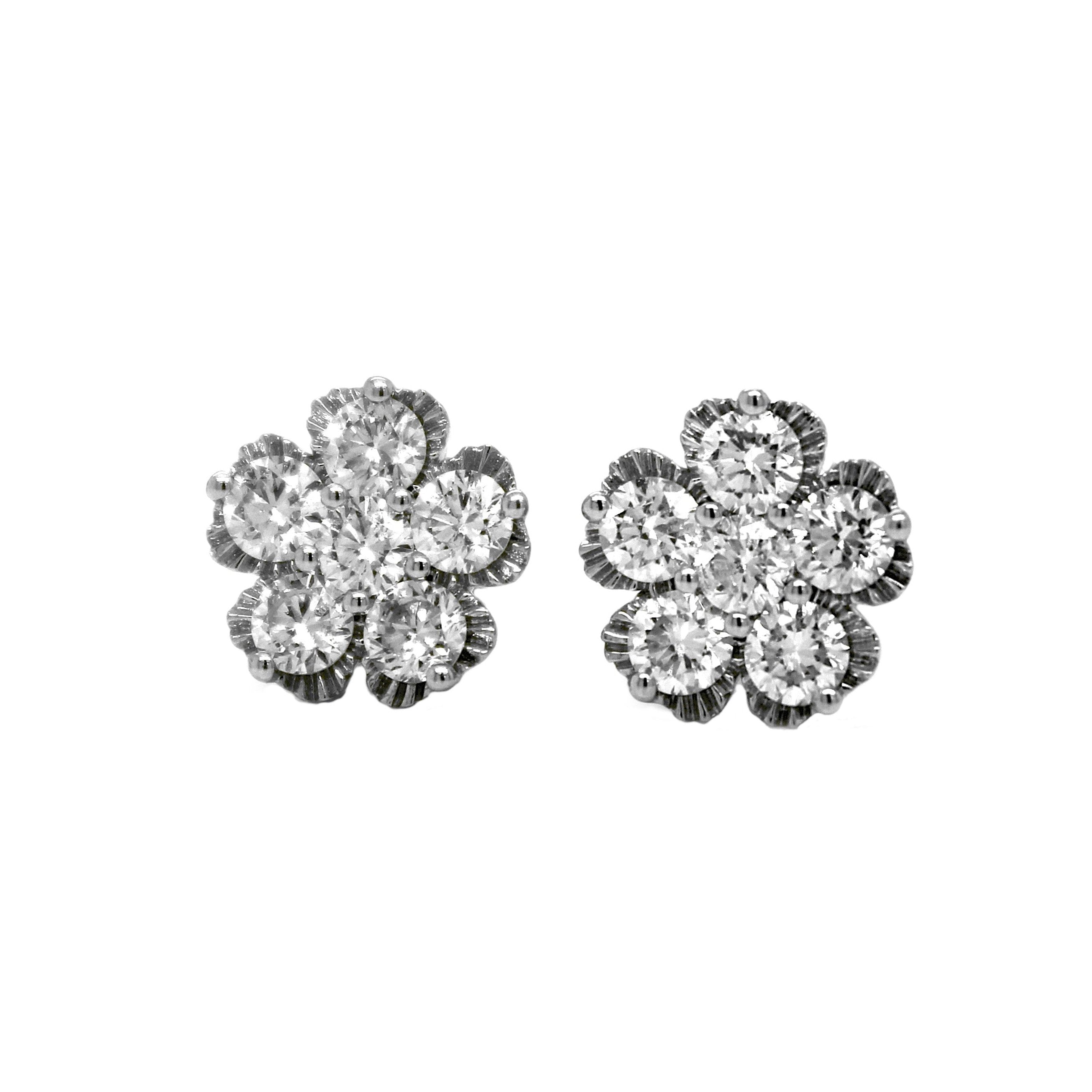 10K White Gold Flower Cluster Diamond Earrings 1.15 CT 9.5MM