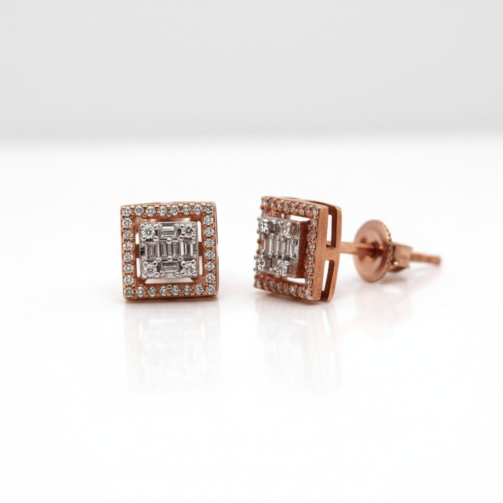 10K Rose Gold Square Shape Baguette Diamond Earrings 0.26CT 7.20MM